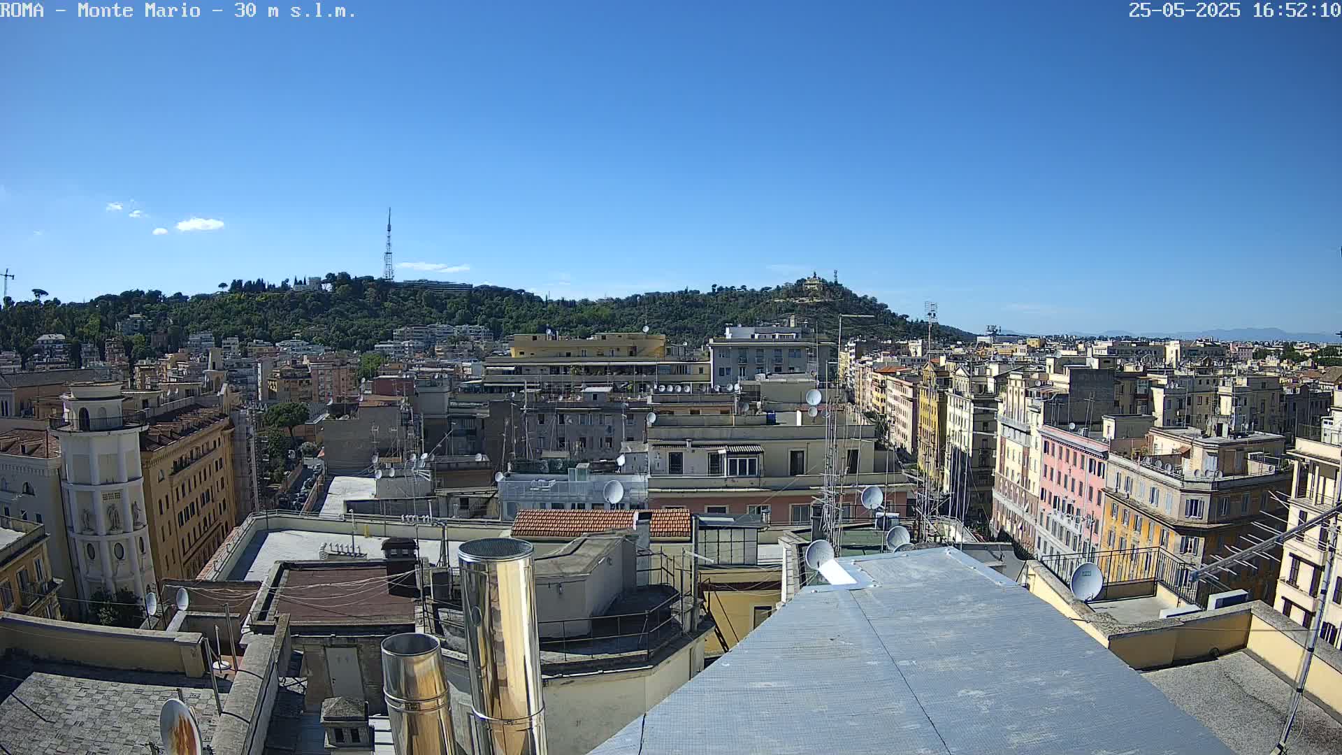A clear, sunny day reveals a panoramic view of a dense cityscape, with many buildings and rooftops visible, extending to a hill in the background.