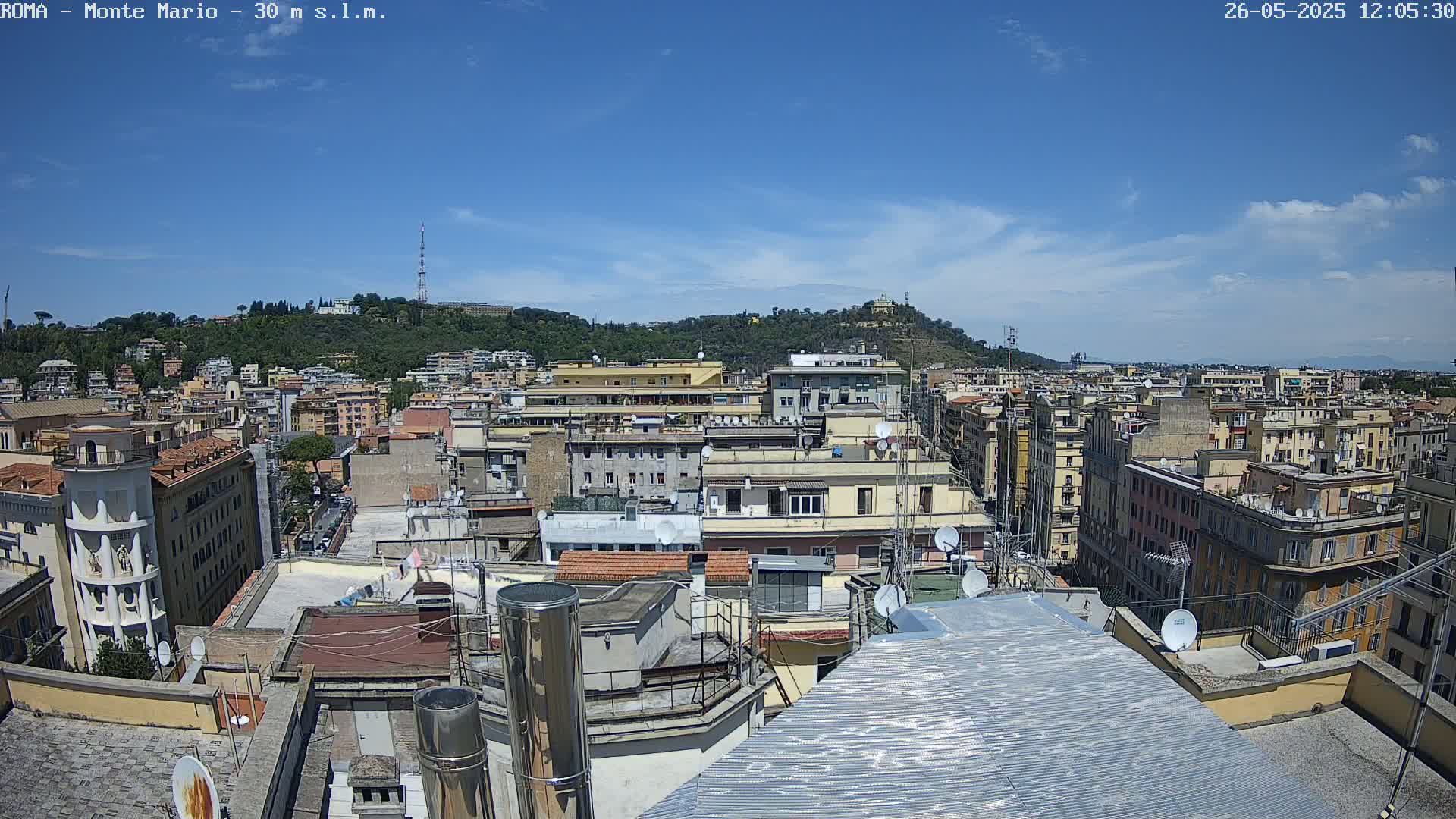 A sunny cityscape view from a rooftop, showing numerous buildings and a hill in the background.