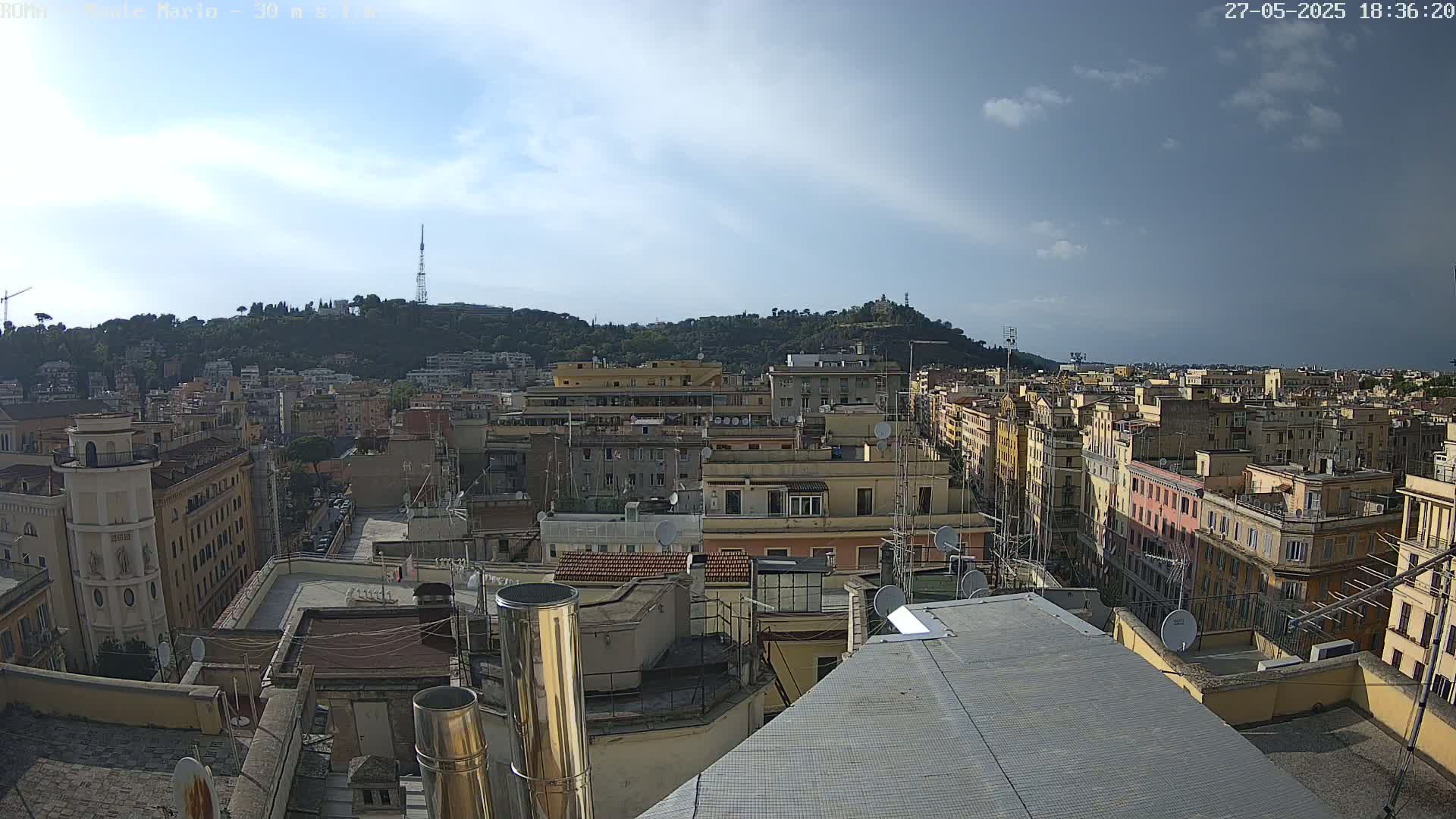 A partly cloudy sky overlooks a densely populated cityscape of multi-story buildings, with a hill covered in trees in the background.
