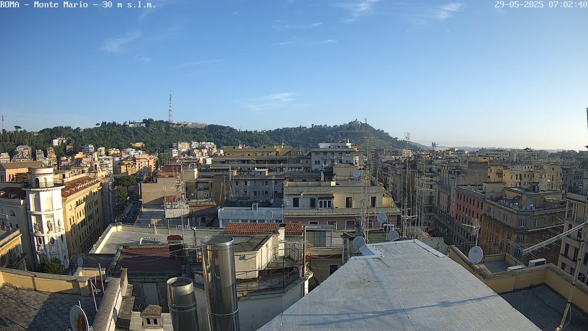 A cityscape of numerous closely-packed buildings stretches out under a clear, bright blue sky, with a hill covered in trees visible in the background.