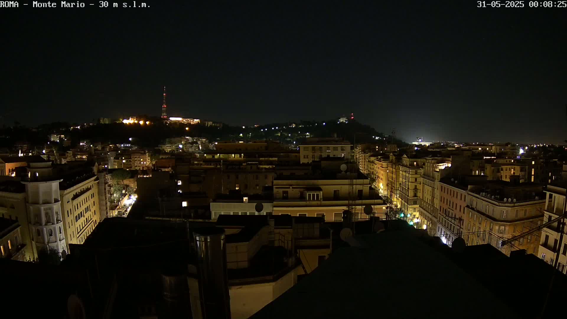 A nighttime cityscape of illuminated buildings, stretching from a hilltop in the distance to the foreground, under a clear, dark sky.