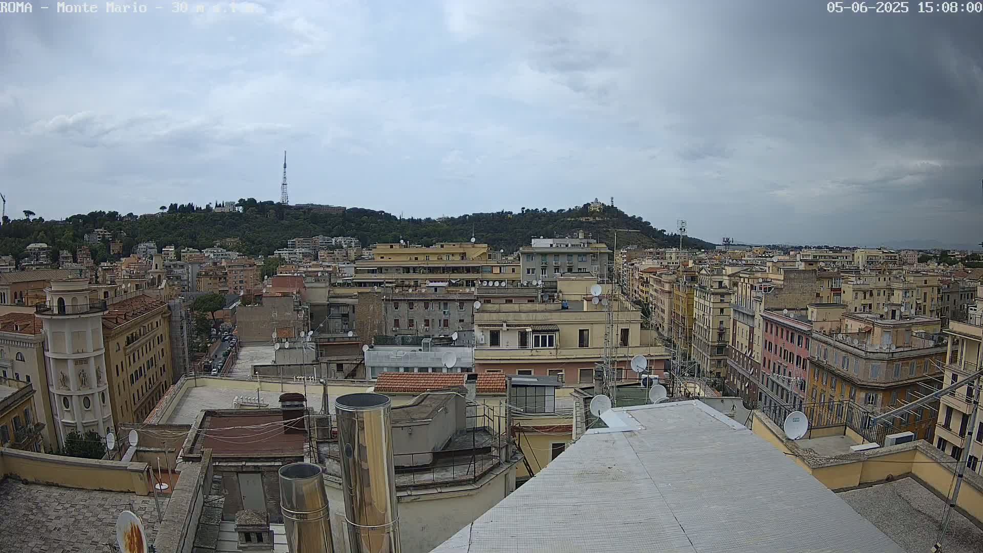 A panoramic view of a city under an overcast sky shows many buildings, rooftops, and a hill in the distance.