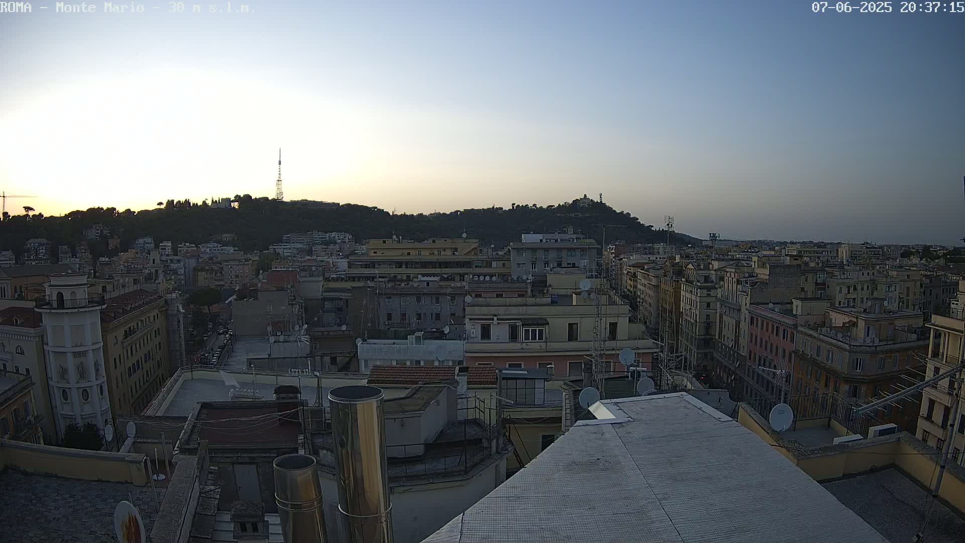 A dusk view of a city skyline shows many buildings stretching to a hill in the background under a clear sky.