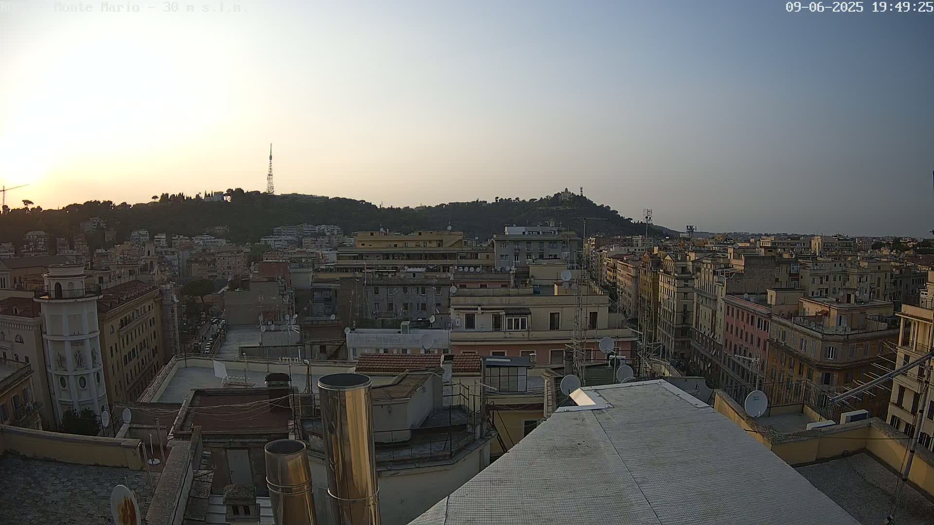 A rooftop view of a city at sunset, showing numerous buildings extending to a hill in the distance under a clear sky.
