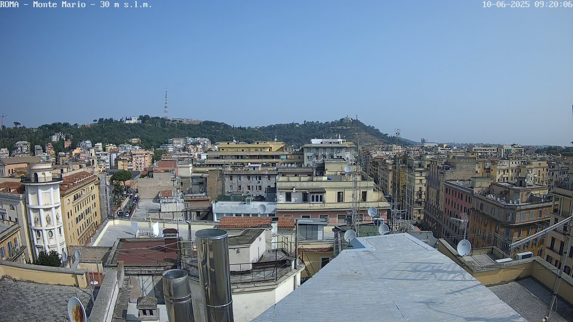 A high-angle, long shot on a clear, sunny day shows a dense cityscape of multi-story buildings, with a tree-covered hill in the background.