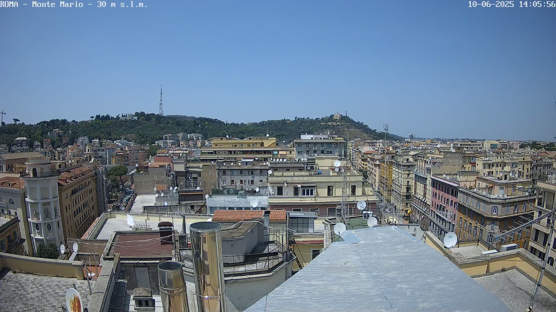 A rooftop view of a dense city under a clear blue sky, showing many buildings stretching to a distant hill.