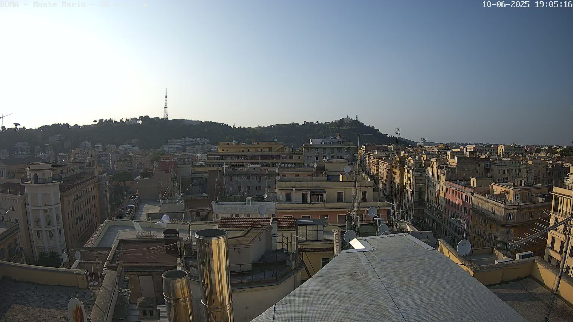 A clear, daytime view of a cityscape shows numerous buildings and rooftops, with a hill covered in trees visible in the distance.
