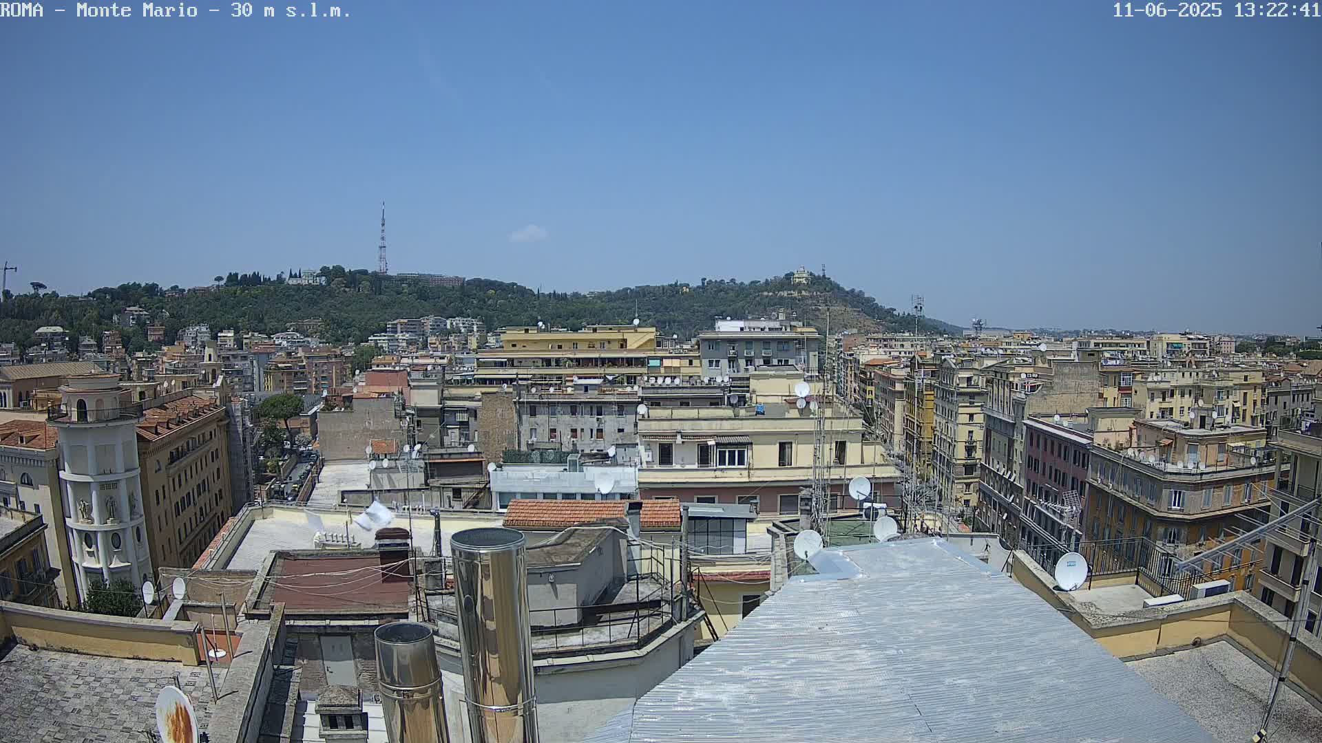 A high-angle view on a clear, sunny day shows a dense cityscape of multi-story buildings, with a hill covered in trees and structures visible in the background.