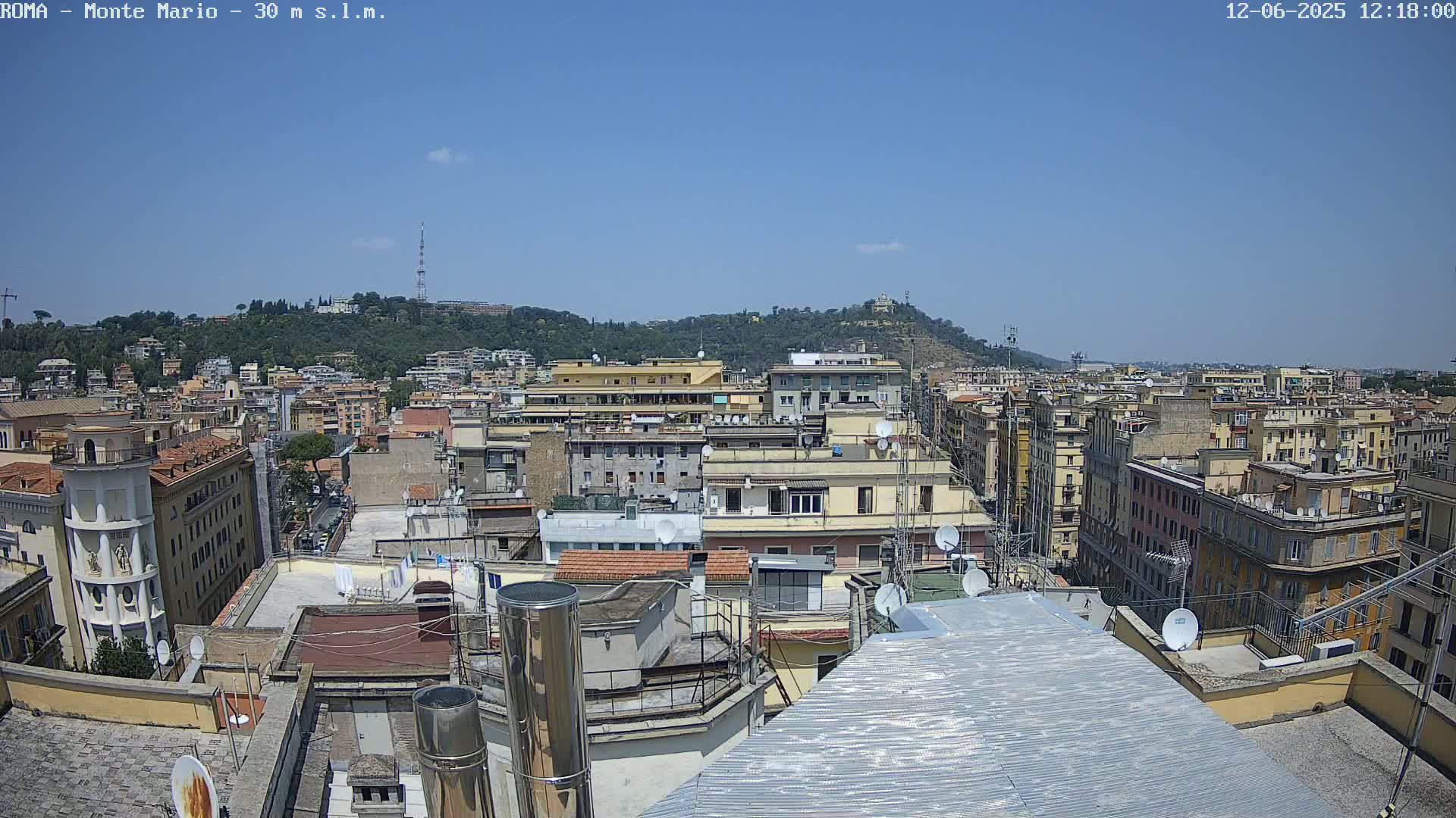 A rooftop view of a densely populated city on a clear, sunny day, with a hill in the background.