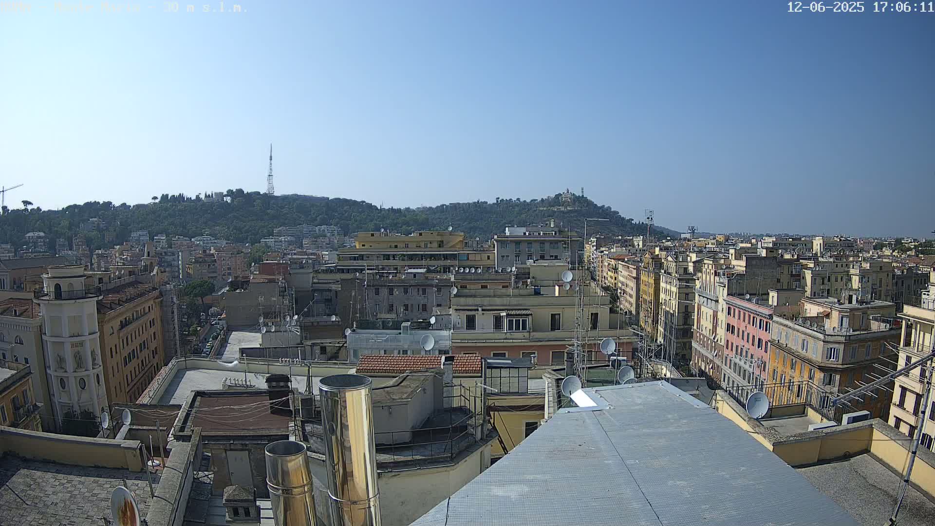 A rooftop view of a dense cityscape on a clear, sunny day, with a hill covered in green vegetation in the background.