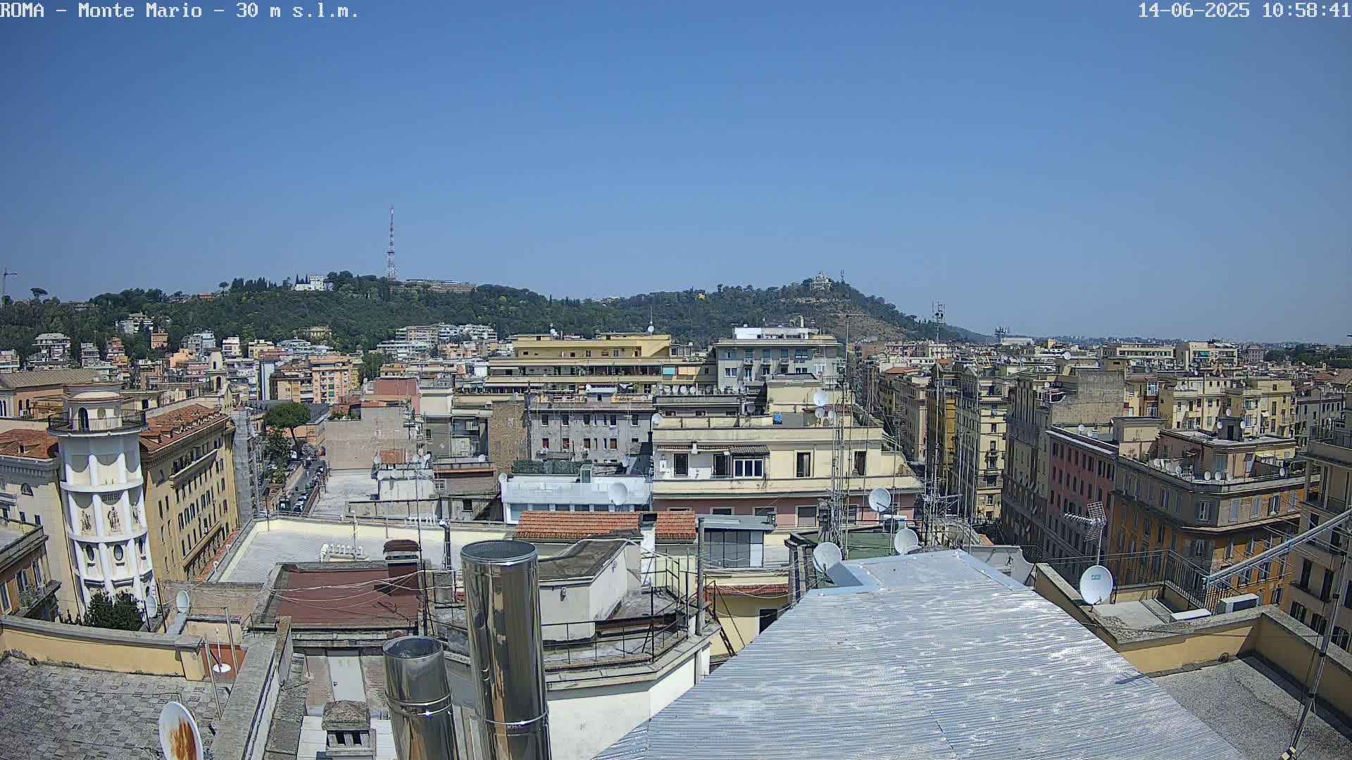 A rooftop view of a densely populated city on a clear, sunny day, overlooking a hill in the distance.