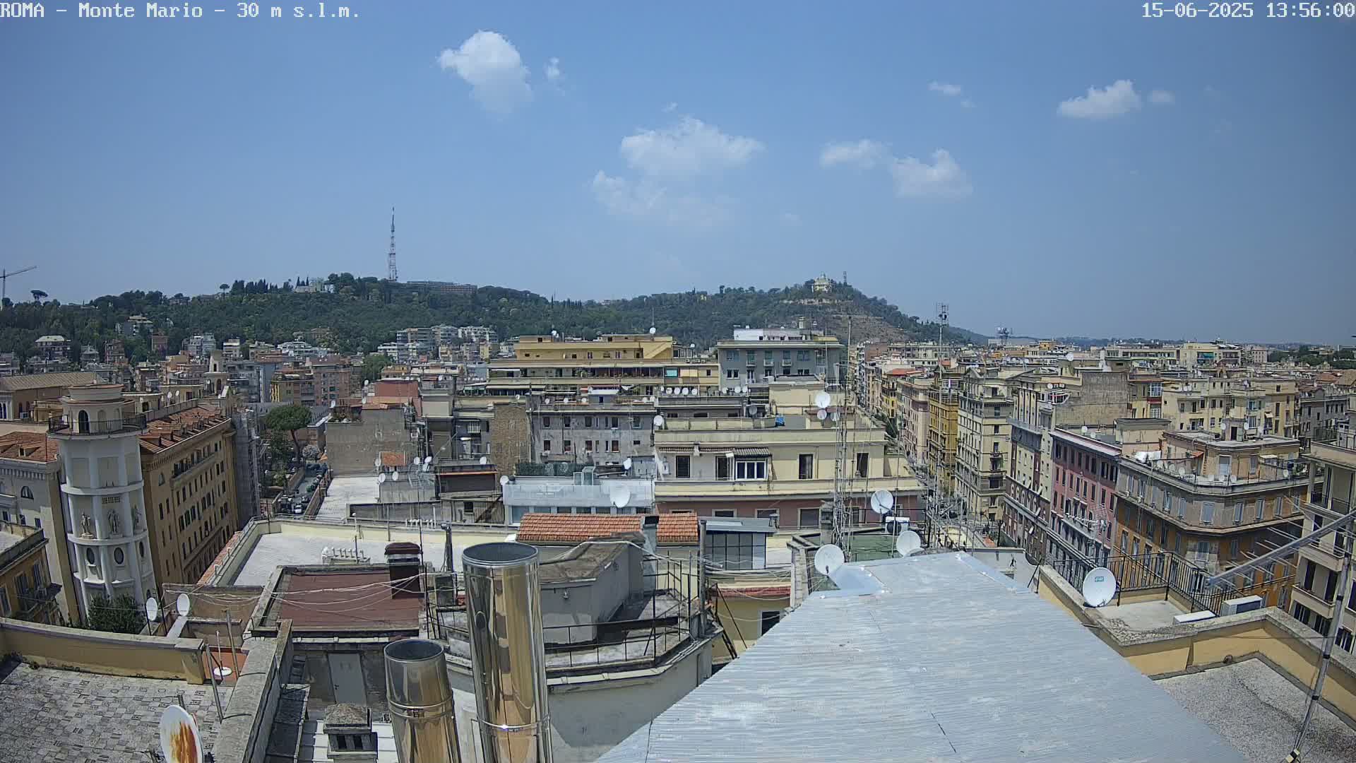 A partly cloudy summer day view of a cityscape with many buildings, rooftops, and satellite dishes, overlooking a hill in the distance.