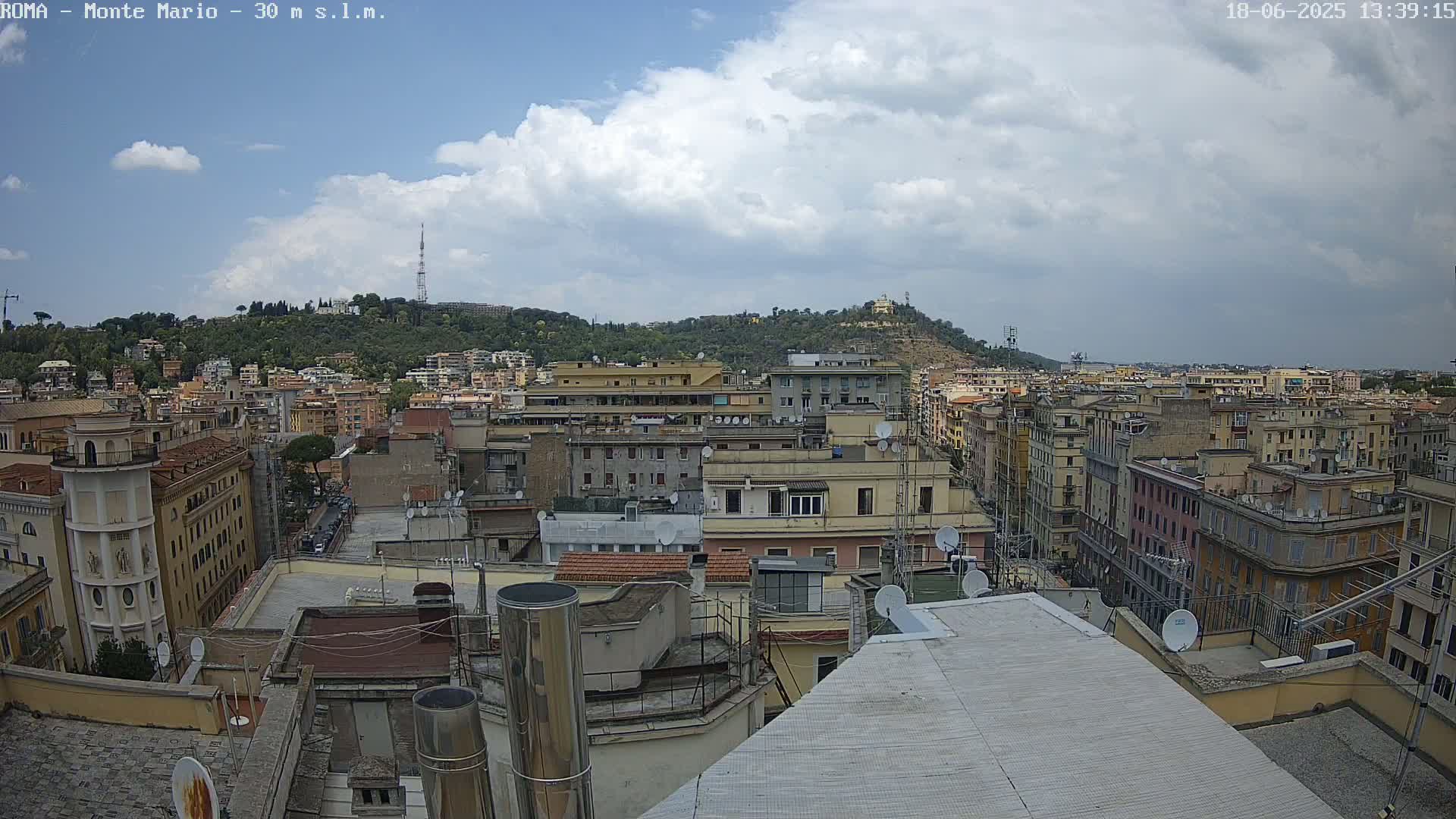 A partly cloudy sky overlooks a densely populated city with many multi-story buildings, showing rooftops and some streets.