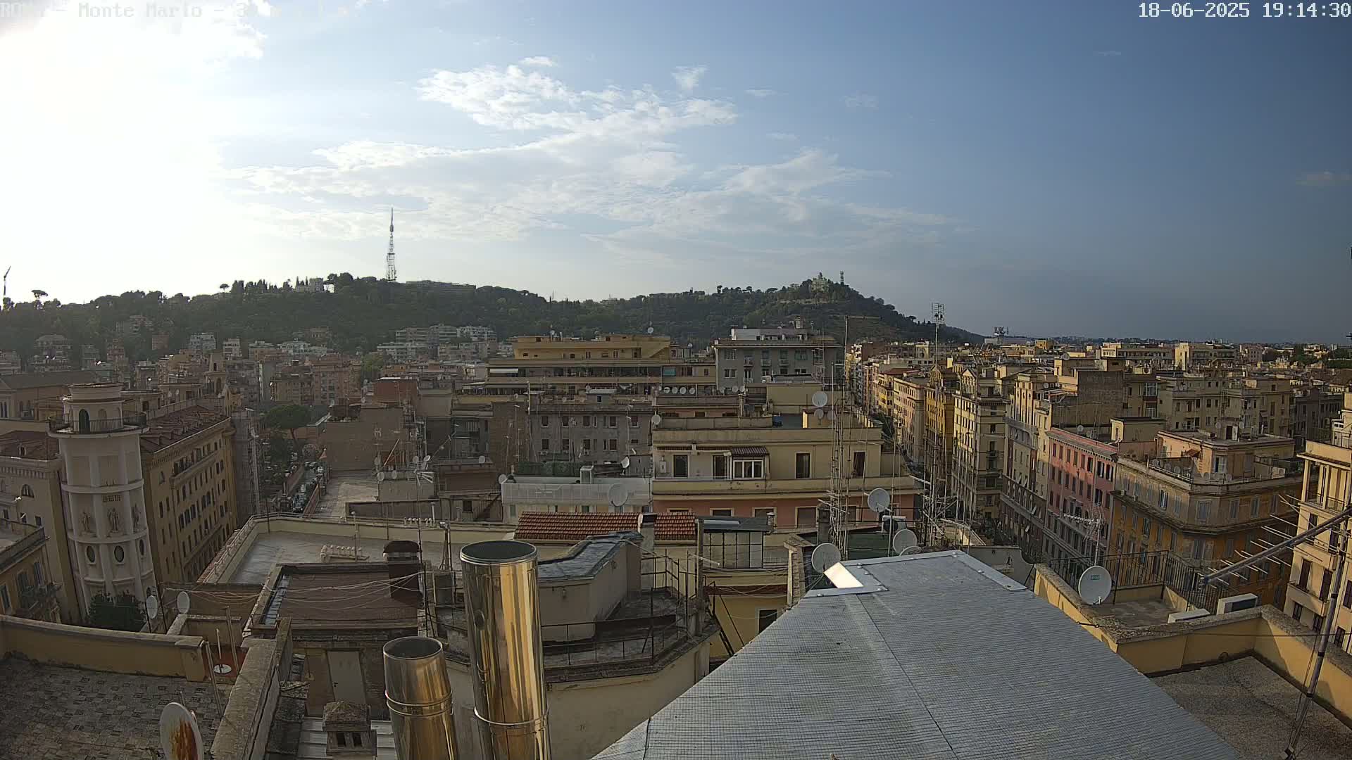 A partly cloudy daytime view of a densely packed city with many multi-story buildings, overlooked by a hill in the distance.