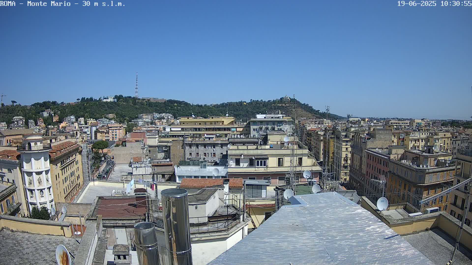A panoramic rooftop view of a densely populated city on a clear, sunny day, showing numerous buildings and a distant hill in the background.