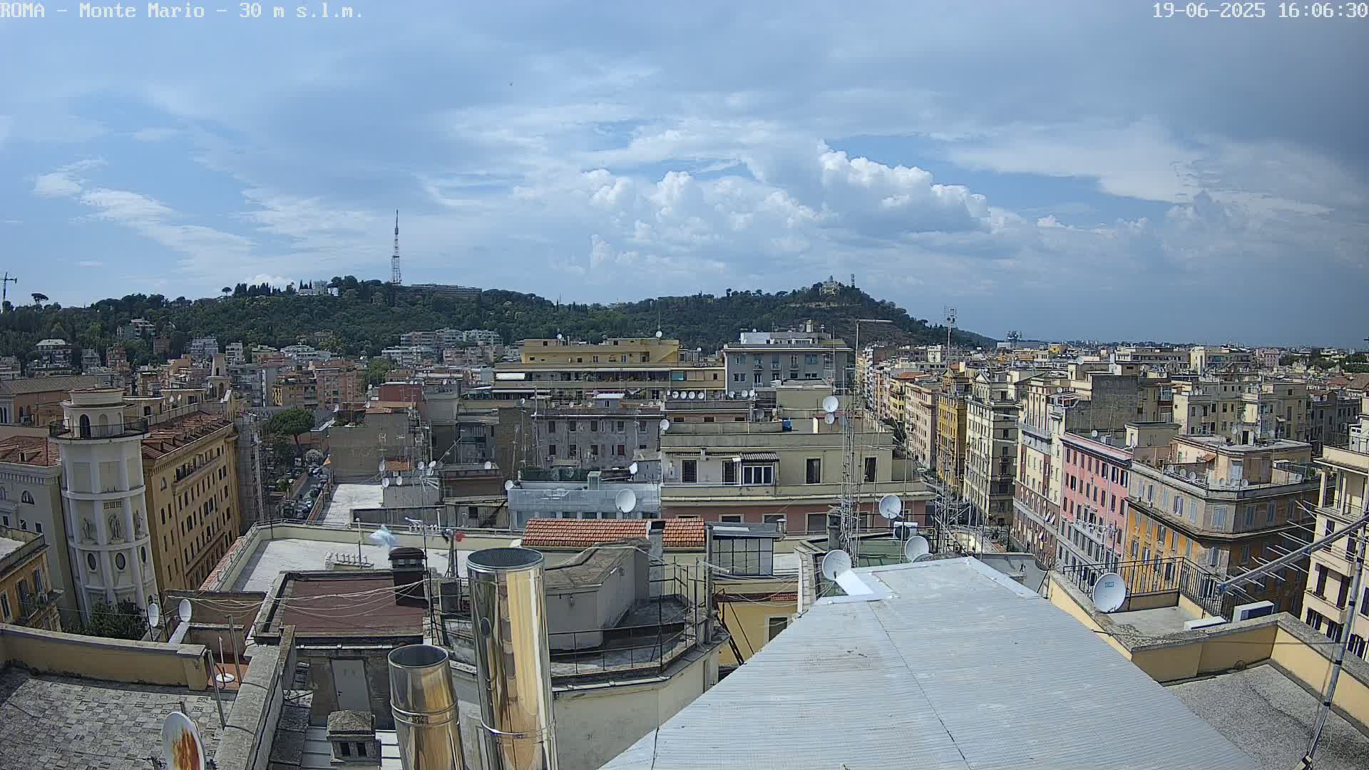 A partly cloudy sky overlooks a cityscape of closely packed buildings, with a hill in the background.