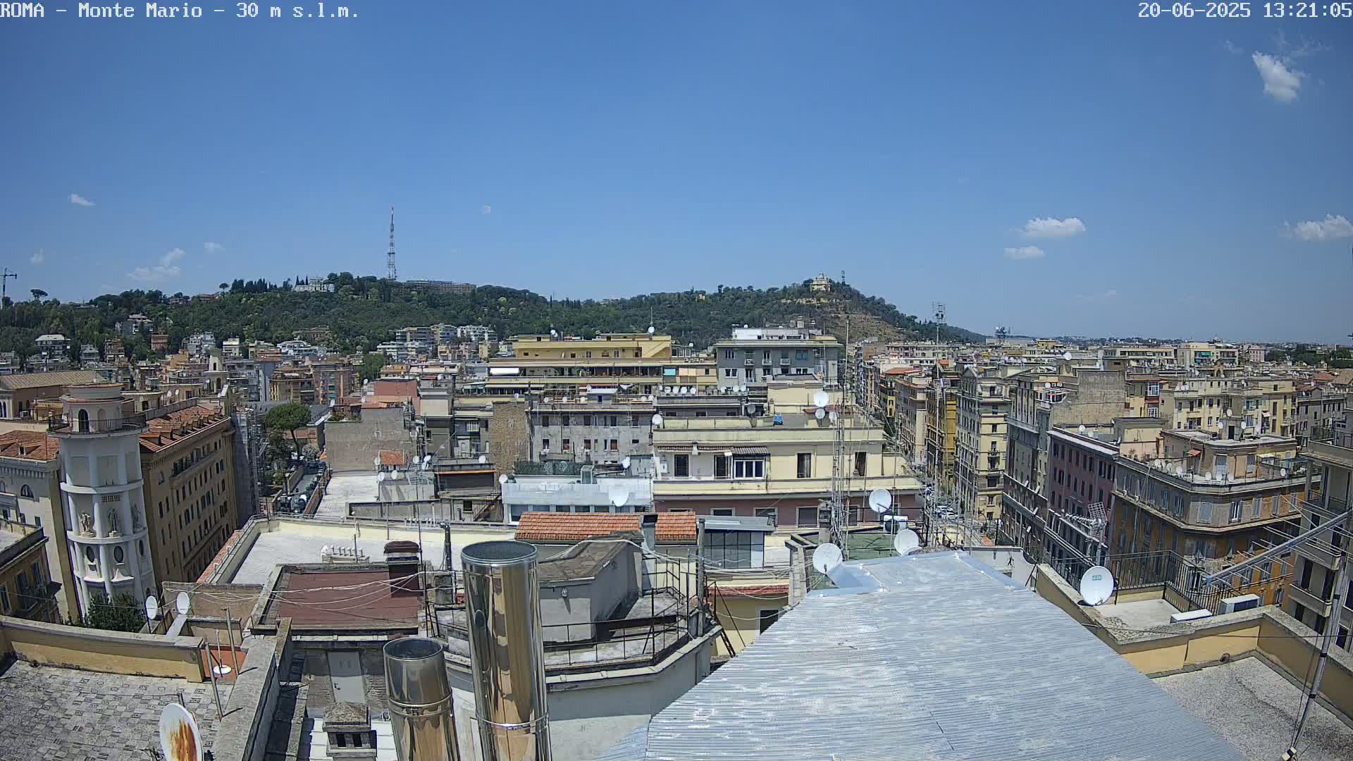 A rooftop view of a densely populated city under a clear blue sky, showing many buildings and a hill in the background.
