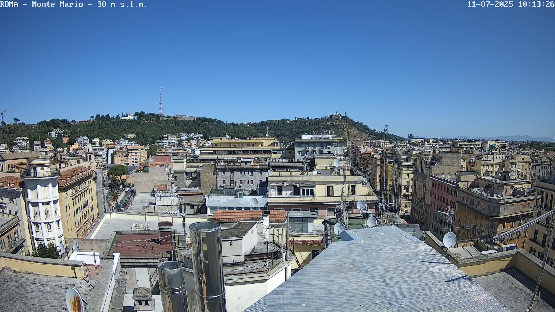 A sunny cityscape view from a rooftop shows numerous buildings, a distant hill with vegetation and a tower, and clear blue skies.