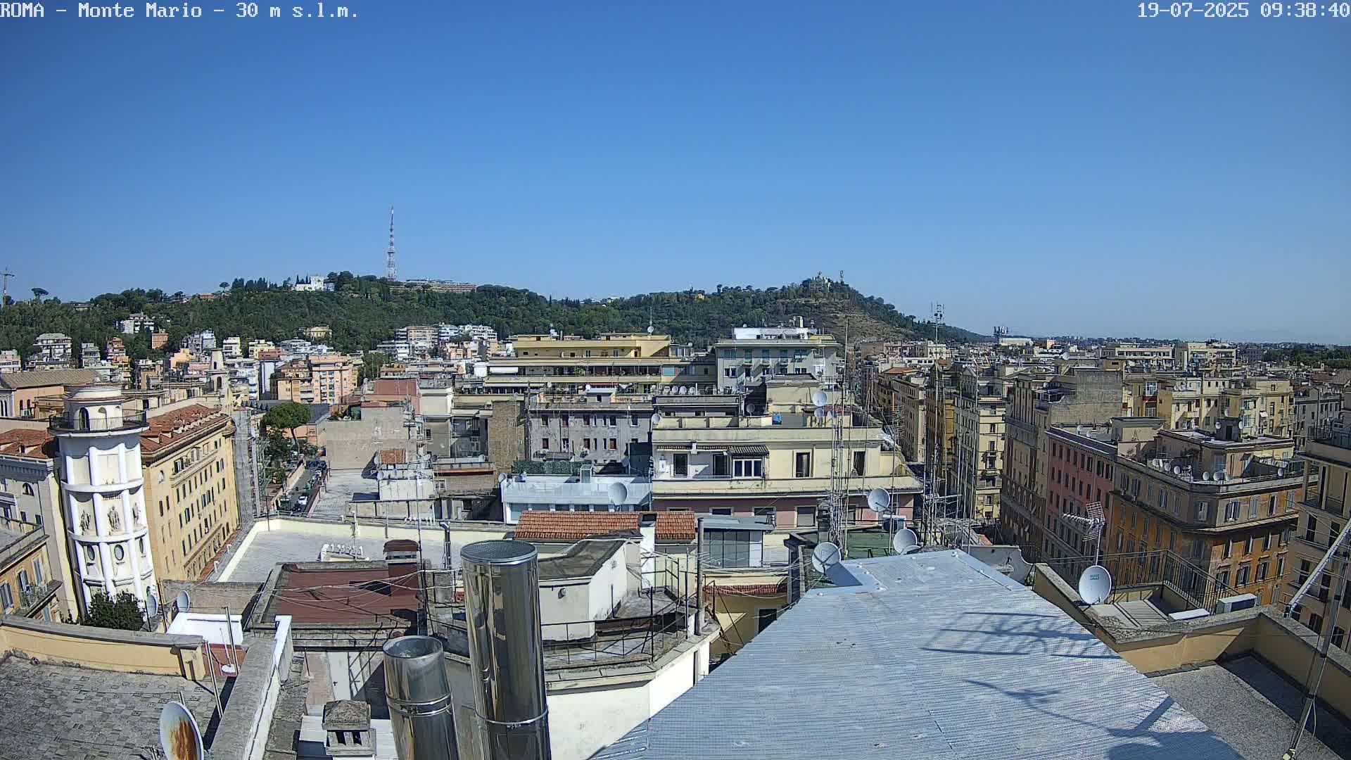 A rooftop view of a densely populated city on a clear, sunny day, with a hill in the distance.