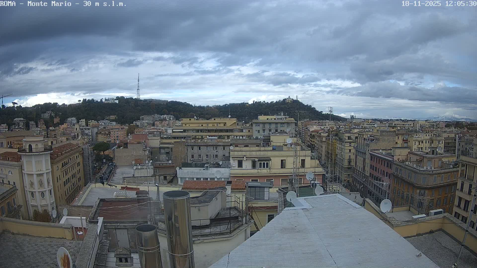 An expansive daytime vista captures a densely built urban landscape under an overcast sky, viewed from a rooftop, with numerous multi-story buildings stretching towards distant, tree-covered hills featuring a prominent tower and other structures.