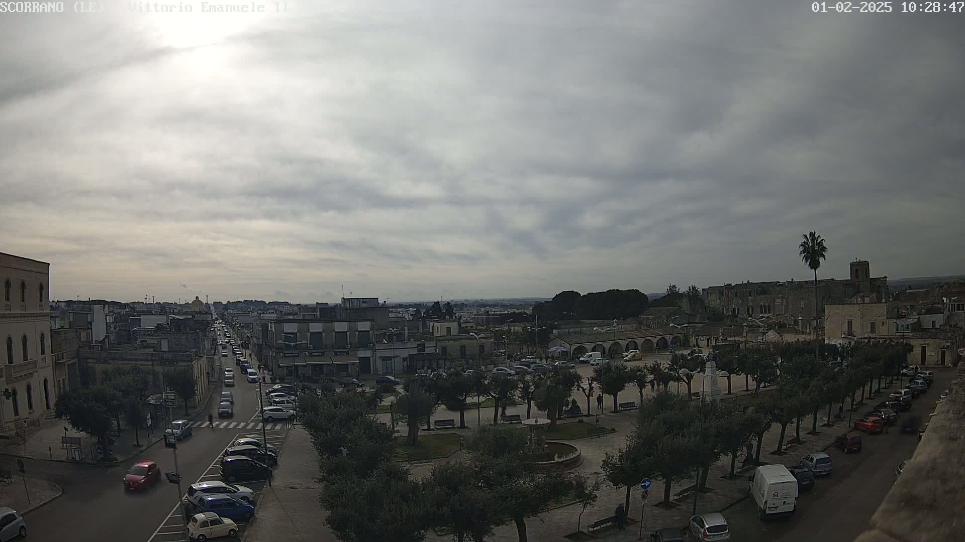 A mostly cloudy day reveals an overview of a town square with parked cars lining its perimeter, a central fountain, and a street scene showing multiple vehicles.