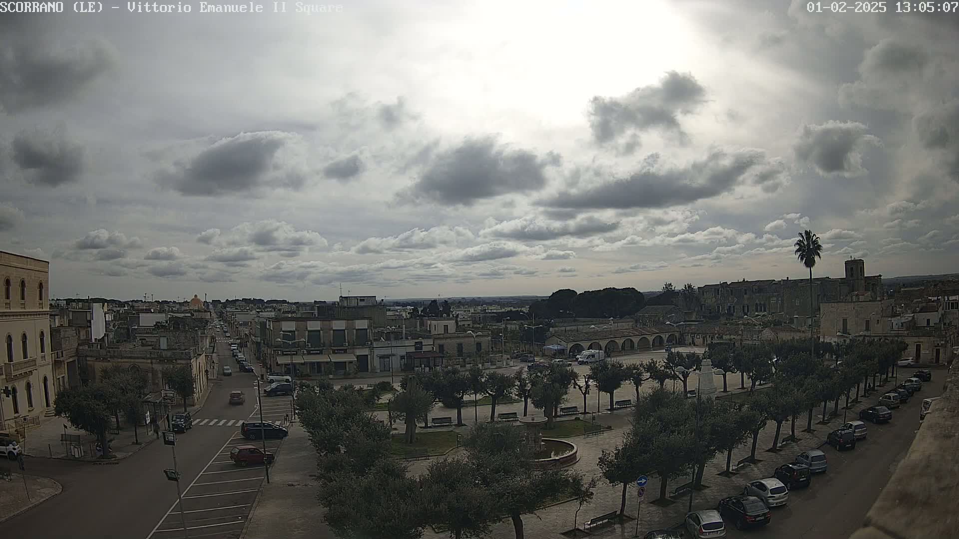 A mostly cloudy sky overlooks a town square with parked cars and trees lining the perimeter, and a street leading to the town's center.