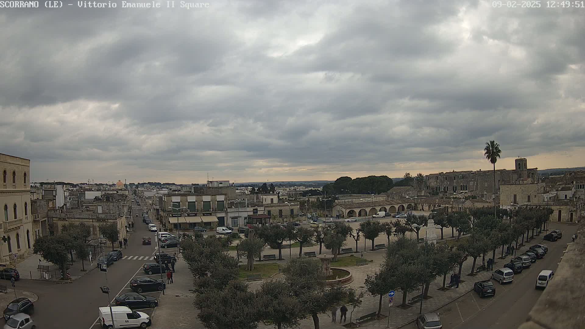 A town square with parked cars and trees under an overcast sky.