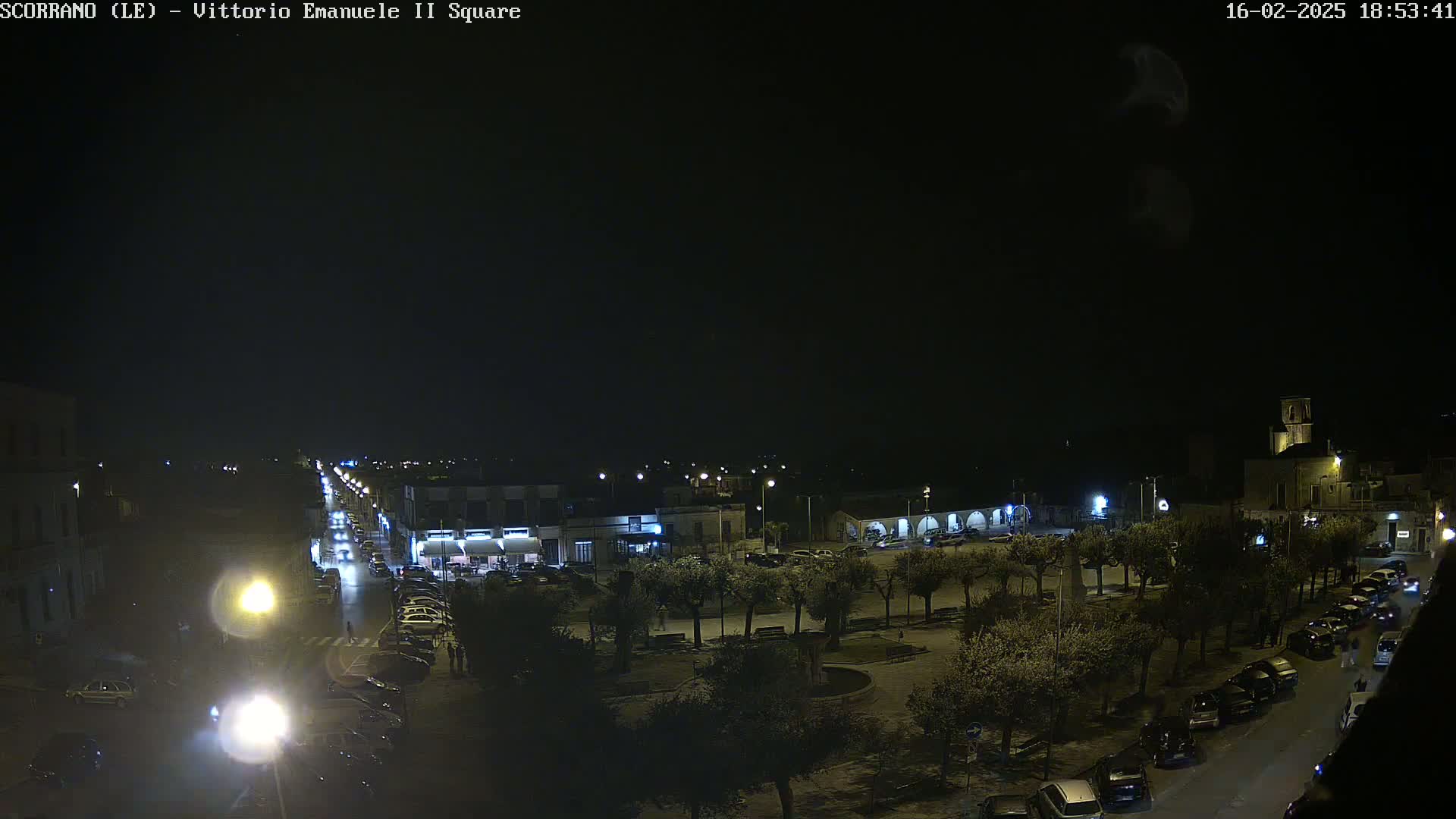 A nighttime view of a town square with cars parked along the streets and trees illuminated by streetlights under a clear, dark sky.