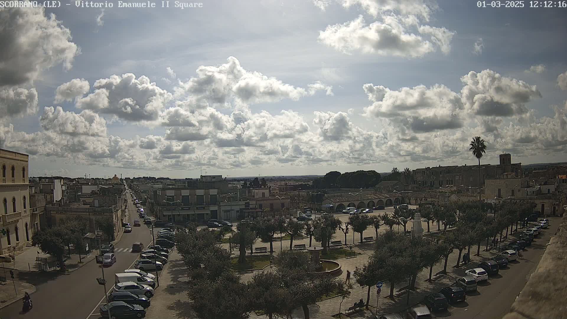 A partly cloudy sky overlooks a town square with cars parked along the sides of streets and trees lining the square's perimeter.