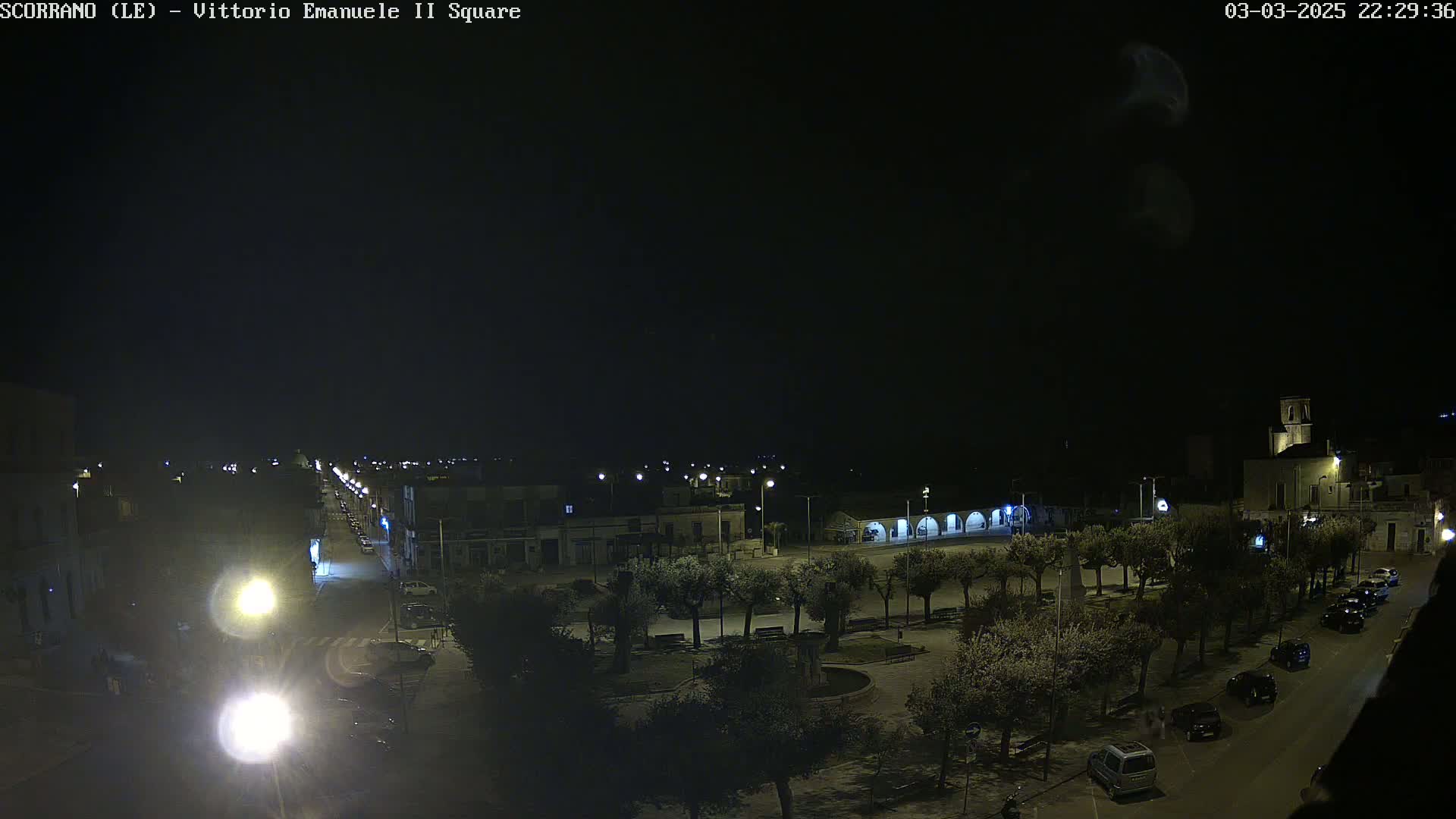 A nighttime, overhead view of a town square with sparsely parked cars and trees, under a dark sky.