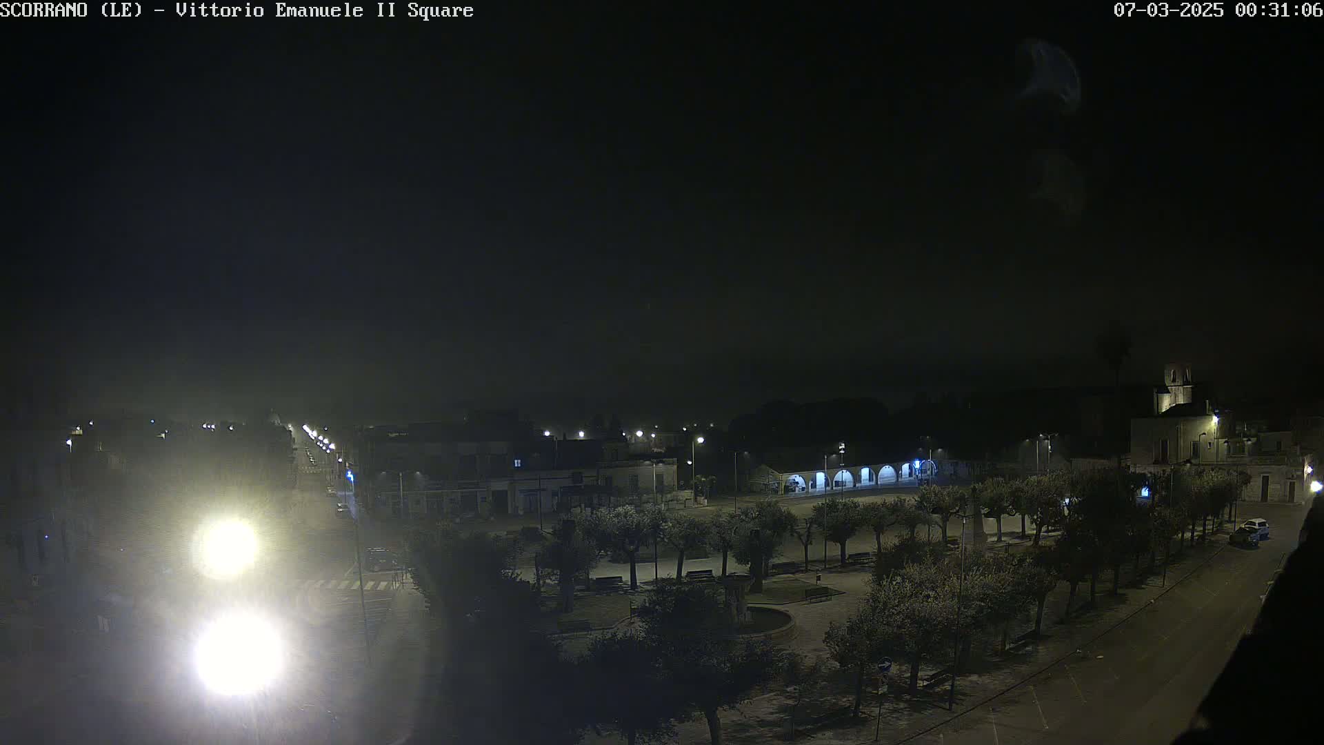A nighttime, hazy view of a town square with trees, buildings, and streetlights.