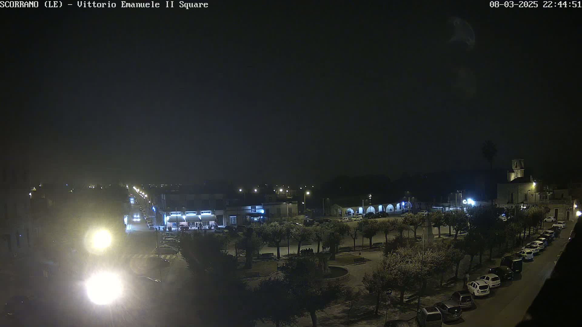 A nighttime, aerial view of a town square with cars parked along the sides and a few people visible in the square, under a dark sky.