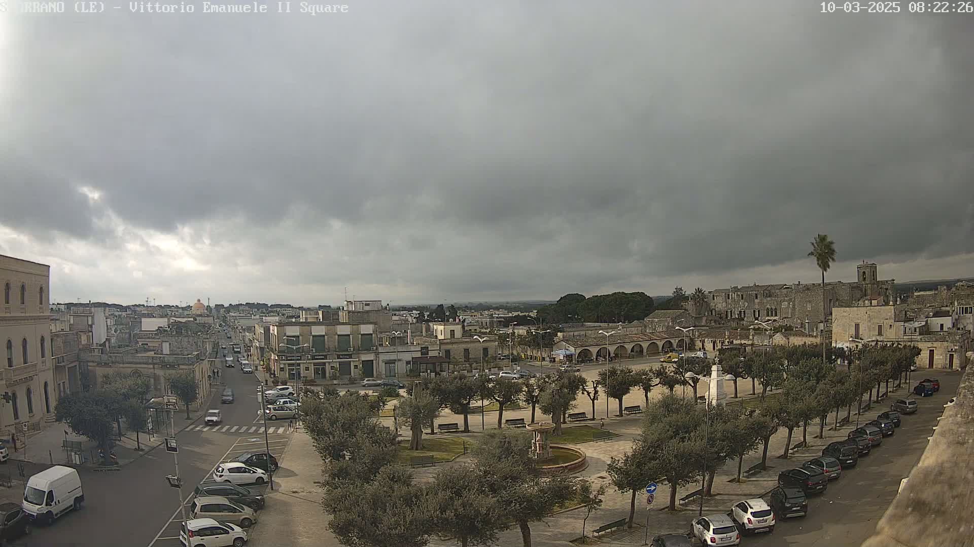 A town square with parked cars and trees under an overcast sky.