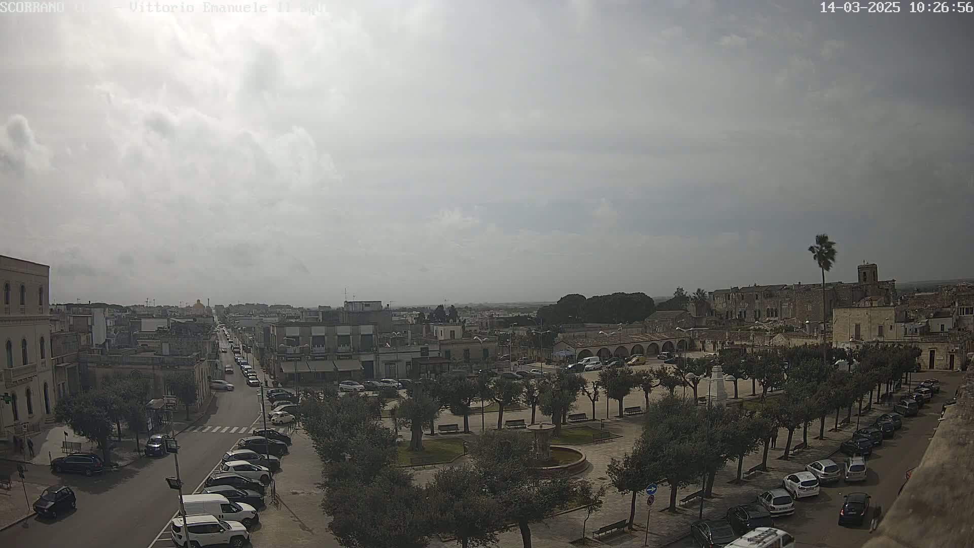 A high-angle view of a town square with parked cars, surrounded by buildings and trees under a mostly cloudy sky.