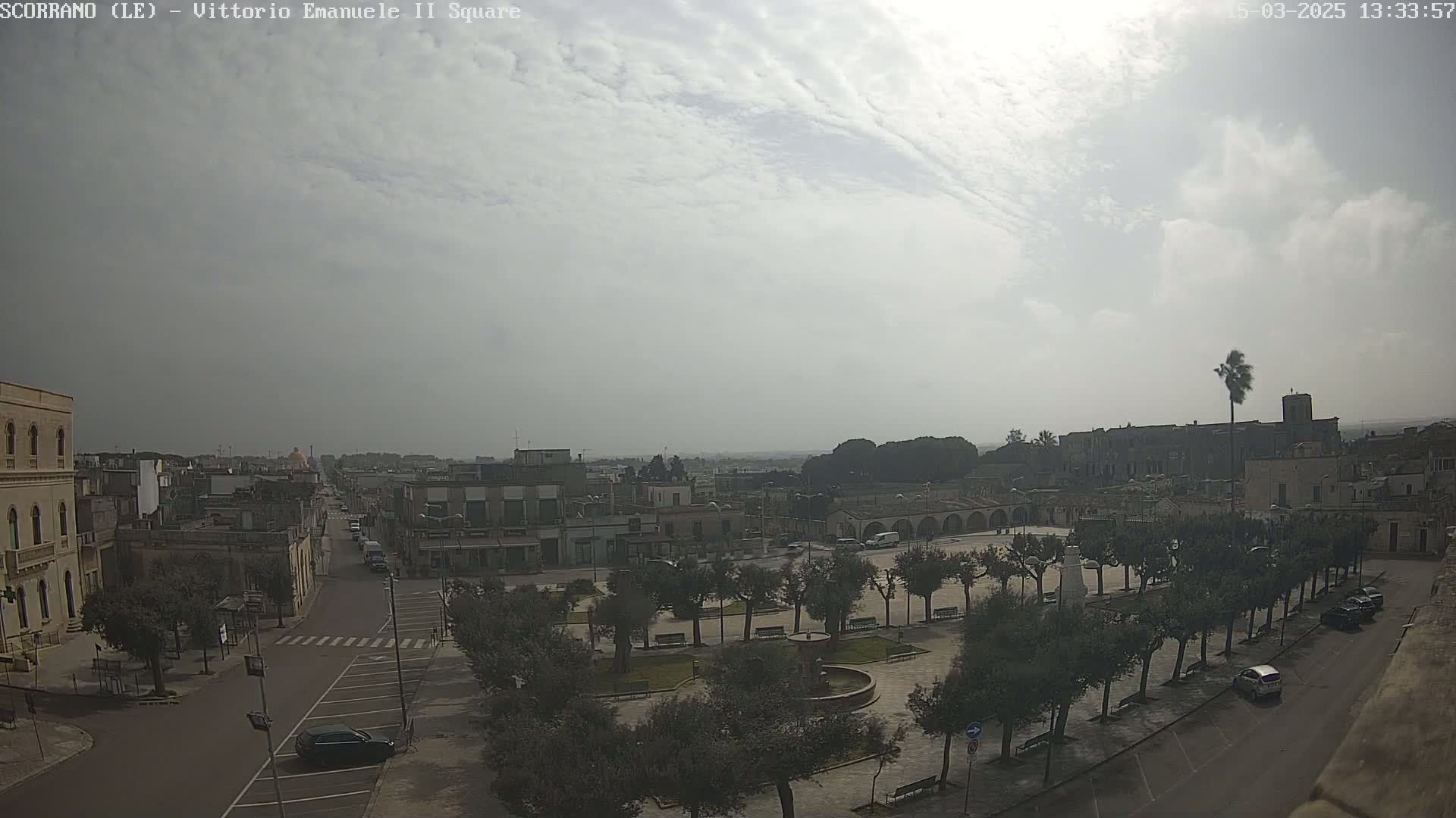 A partly cloudy day reveals a town square with a fountain and surrounding buildings, a road leading away from the square, and a few parked cars.