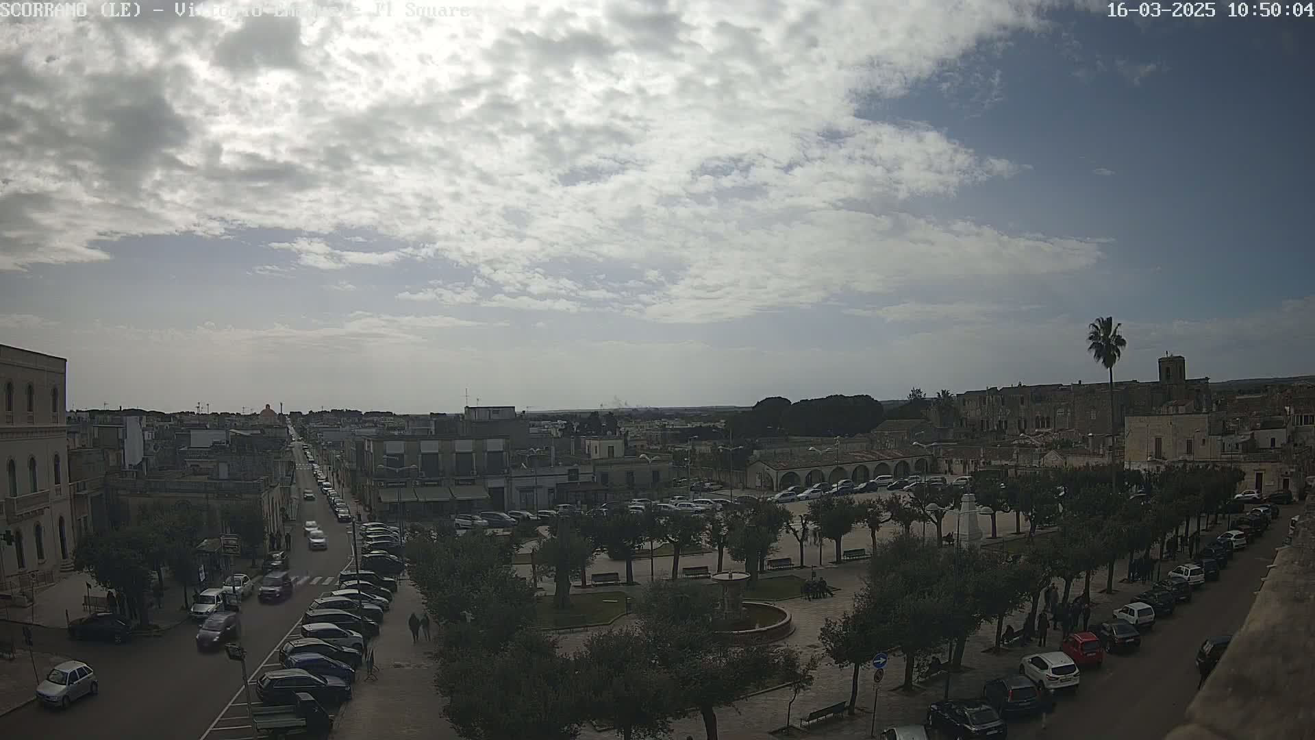 A partly cloudy day reveals a town square filled with parked cars and people, surrounded by buildings and trees, with a street leading to more buildings in the distance.