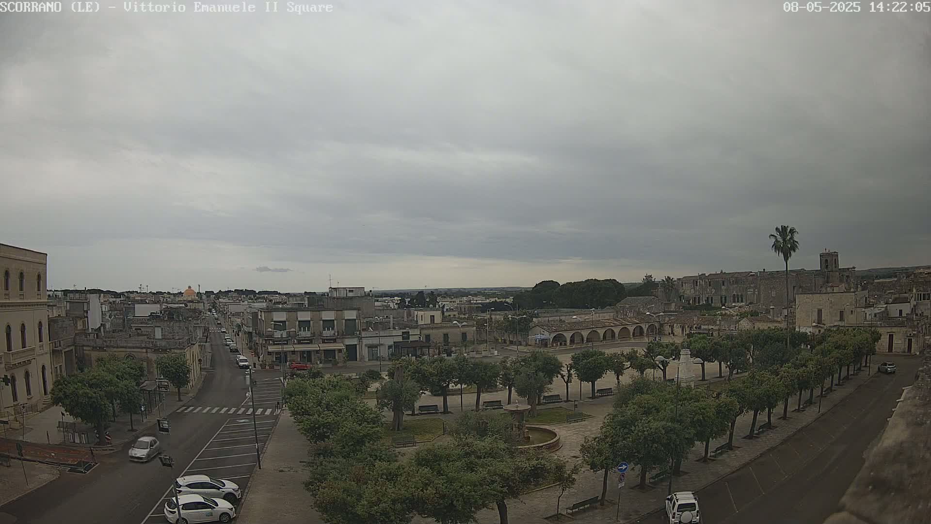 A tree-lined square in a town under an overcast sky is seen from an elevated vantage point, with a street and buildings visible in the background.