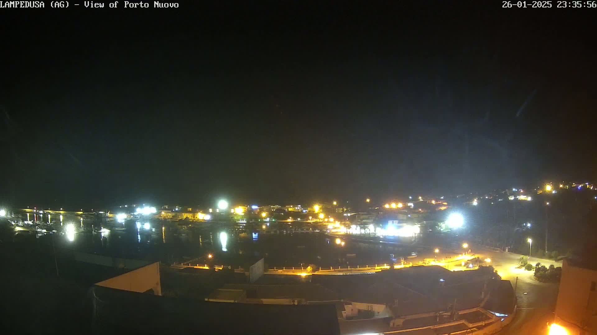 A nighttime, high-angle view shows a harbor town illuminated by many lights under a clear, dark sky.