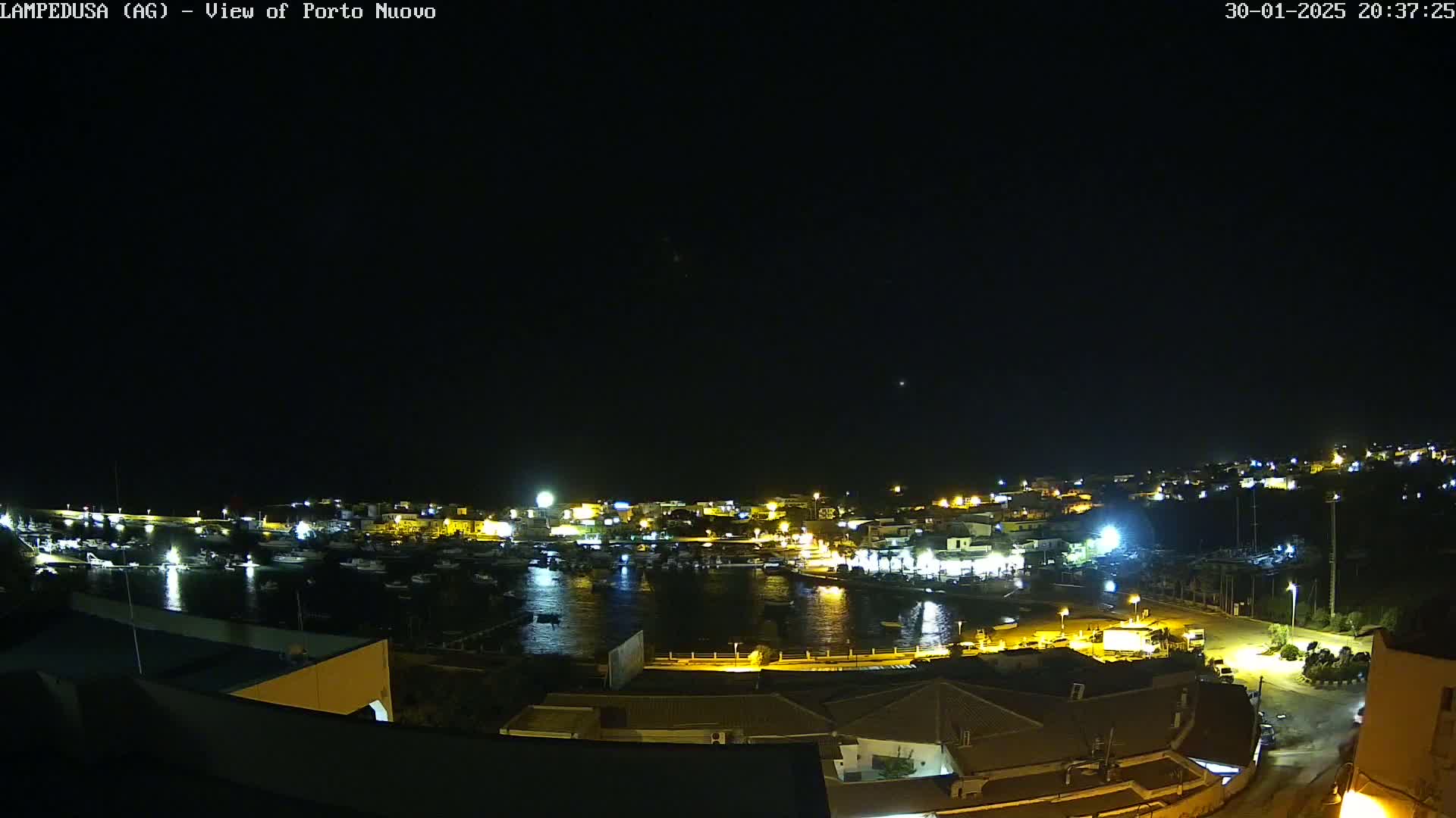 A nighttime view of a harbor filled with boats, surrounded by illuminated buildings on a clear night.