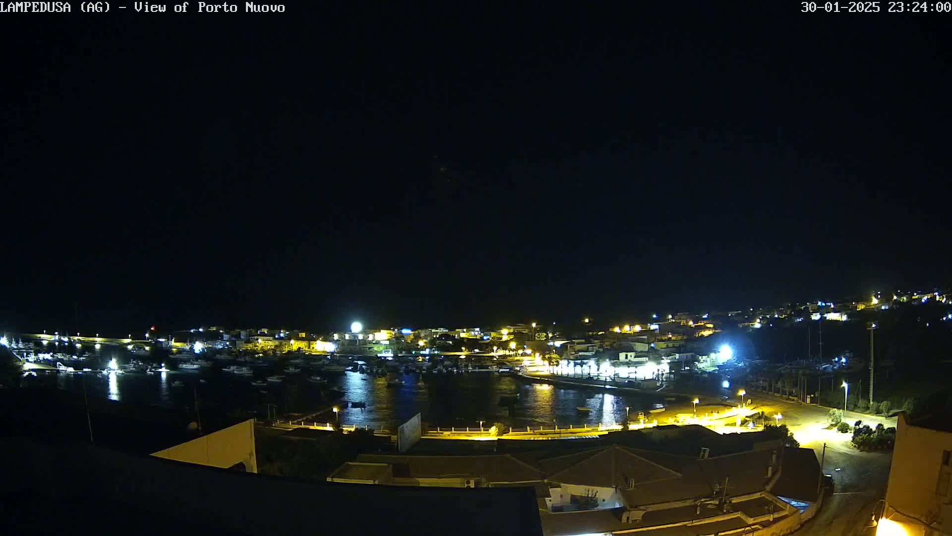 A nighttime view of a harbor town with many boats in the water and illuminated buildings along the shoreline under a clear, dark sky.