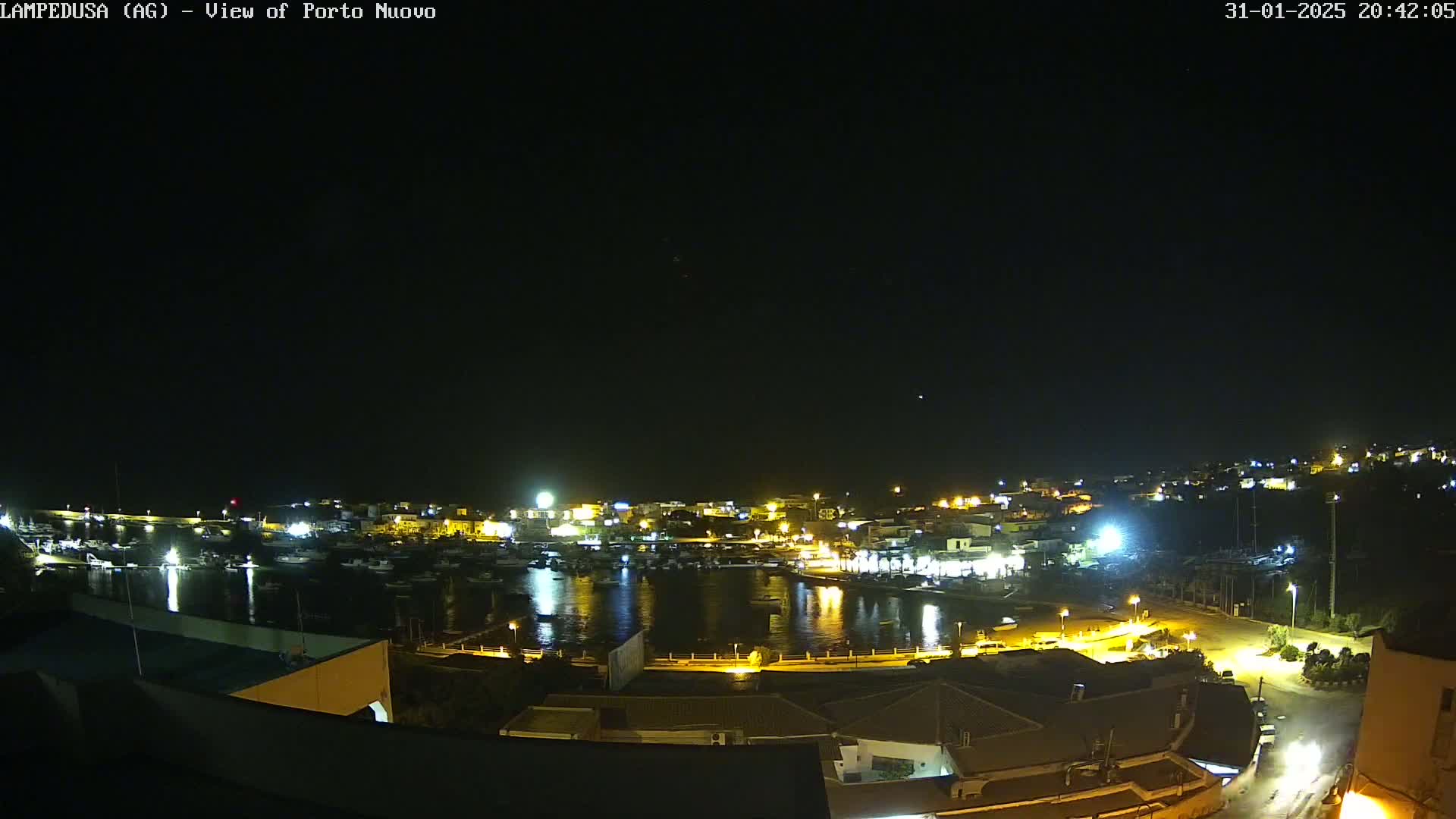 A nighttime, aerial view of a harbor town illuminated by lights, under a clear, dark sky.