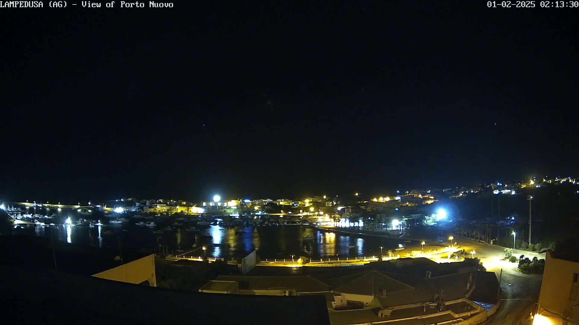 A nighttime view of a harbor town, illuminated with artificial lights under a clear, dark sky.