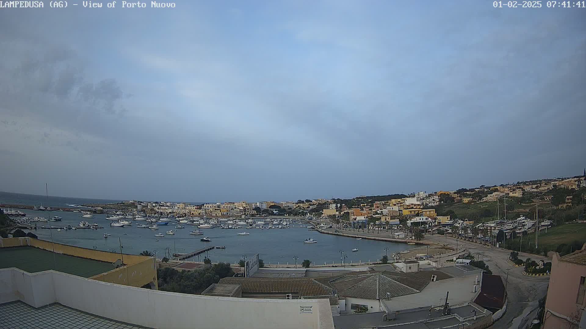 An overcast sky looks down on a harbor filled with boats and surrounded by a town built on a hillside.