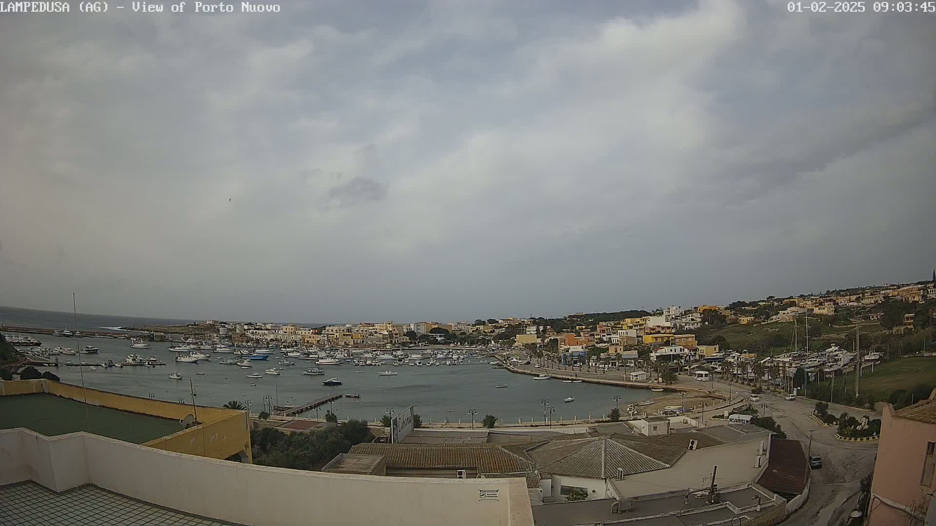 An overcast sky overlooks a harbor filled with numerous boats and a town of low-rise buildings.