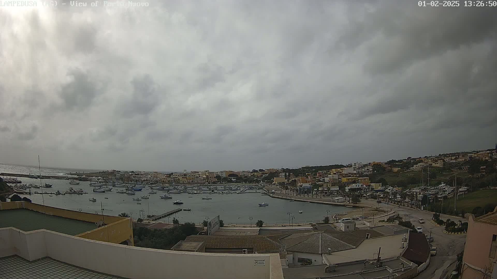 An overcast sky hangs over a harbor filled with numerous boats, next to a town built on a hillside.
