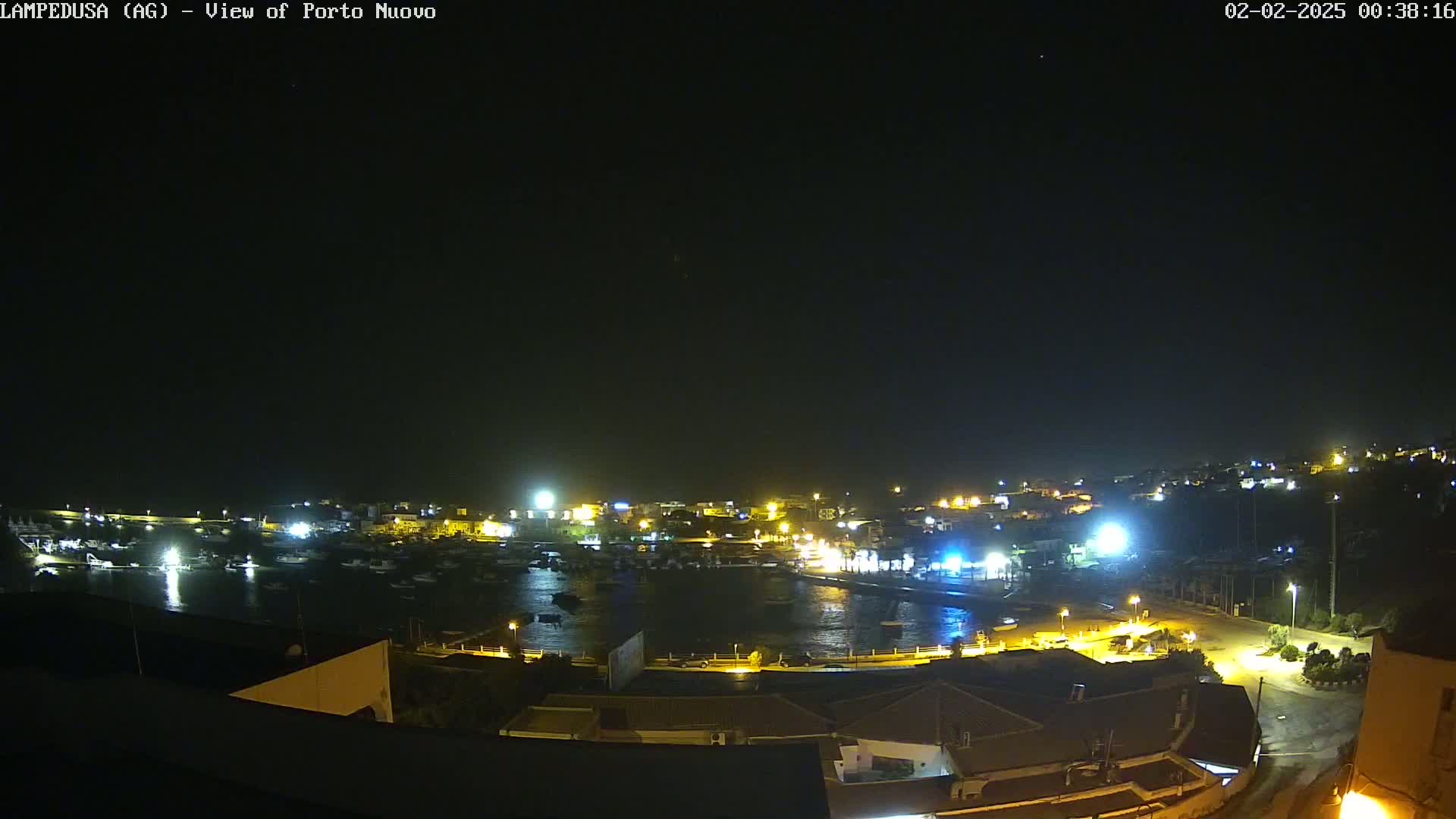 A nighttime view of a harbor filled with boats, surrounded by illuminated buildings under a clear, dark sky.