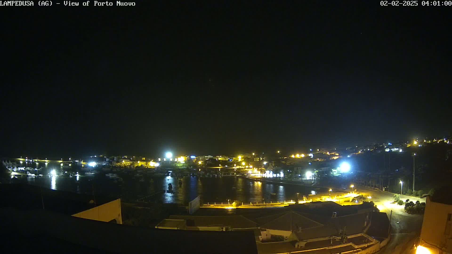 A nighttime view of a harbor filled with boats, illuminated by artificial lights under a clear, dark sky.