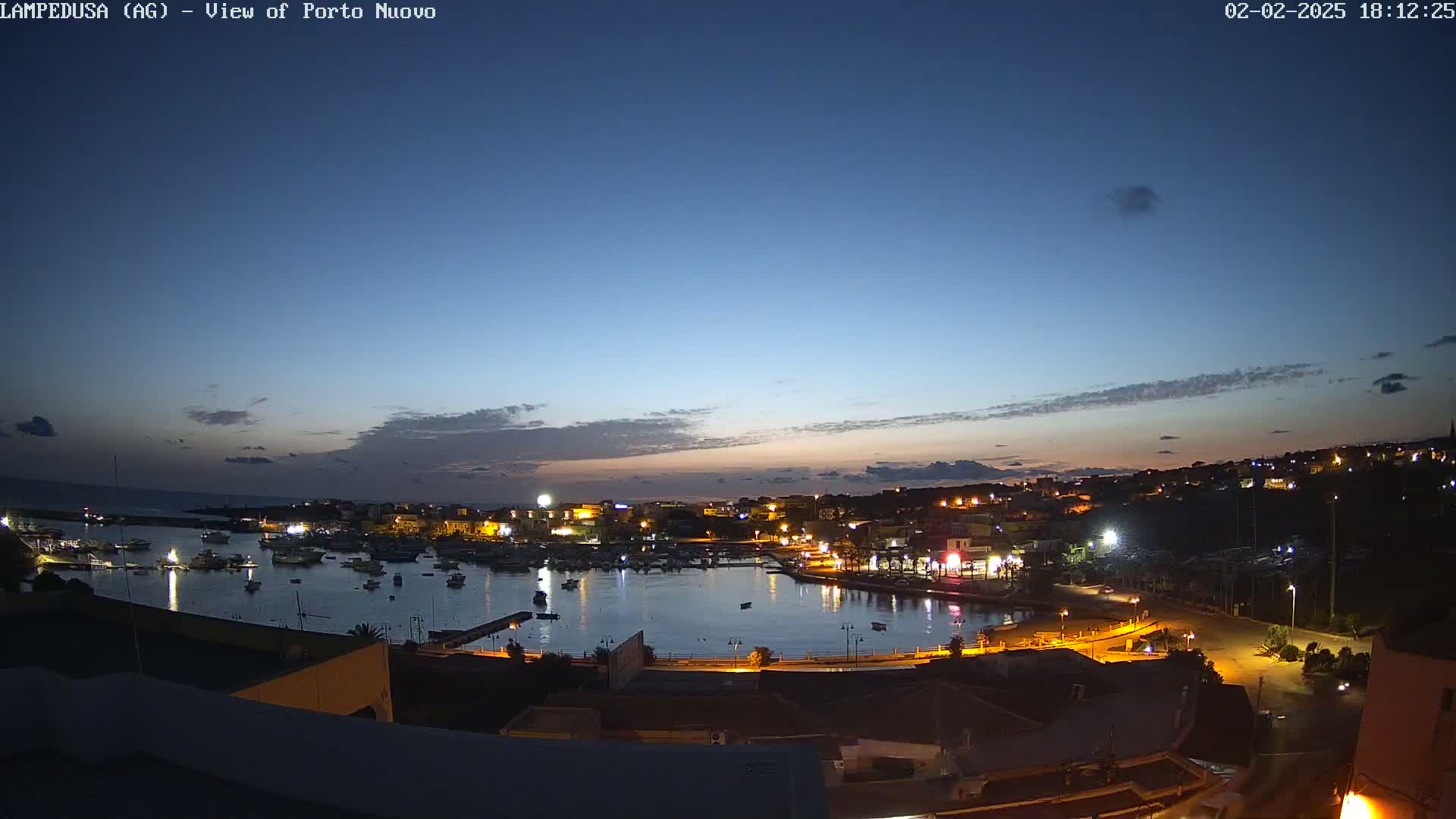 A nighttime harbor scene shows a calm body of water filled with boats, surrounded by a town with lights illuminating the buildings and streets under a twilight sky with some clouds.