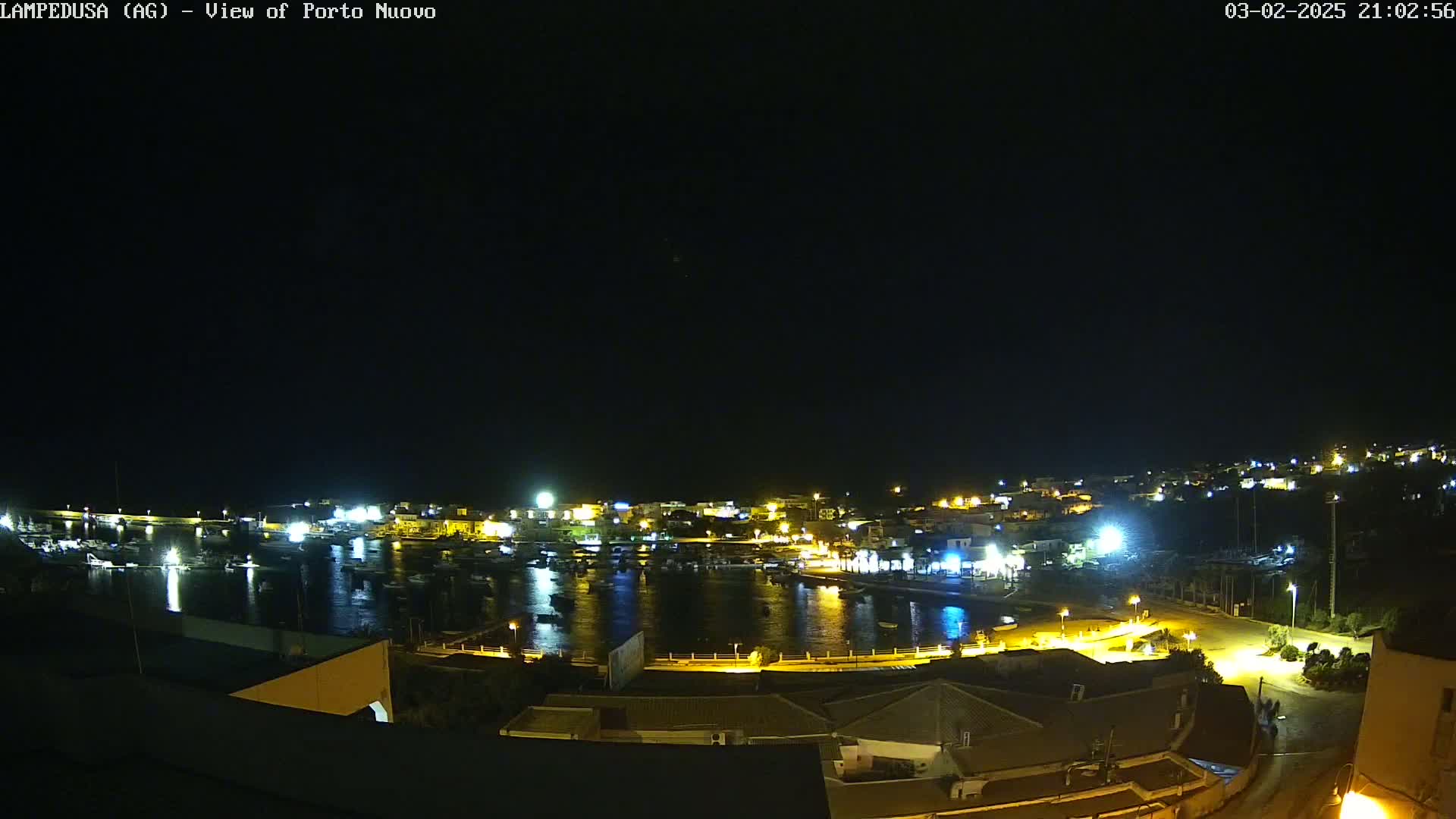 A nighttime view of a harbor filled with boats, surrounded by brightly lit buildings and streets under a clear, dark sky.