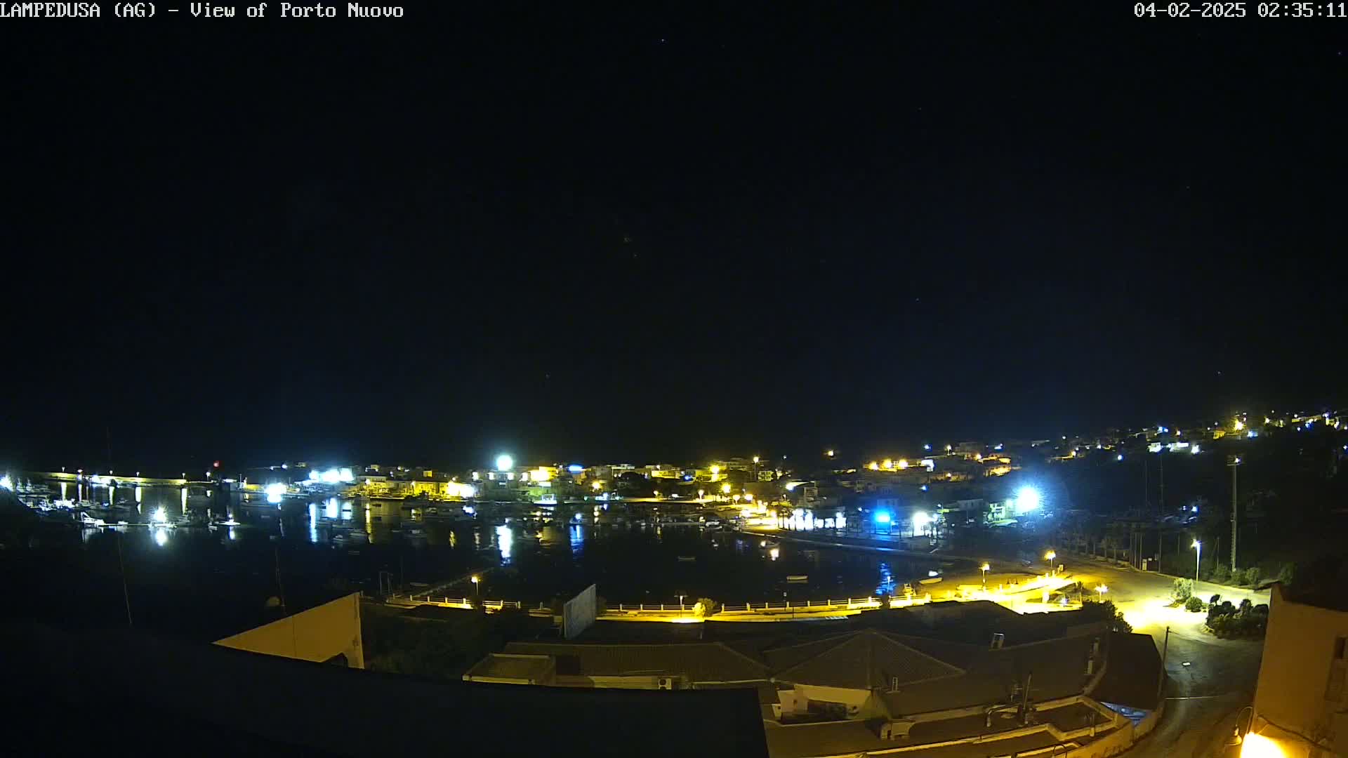 A nighttime view of a harbor town, illuminated by artificial lights under a clear, dark sky.